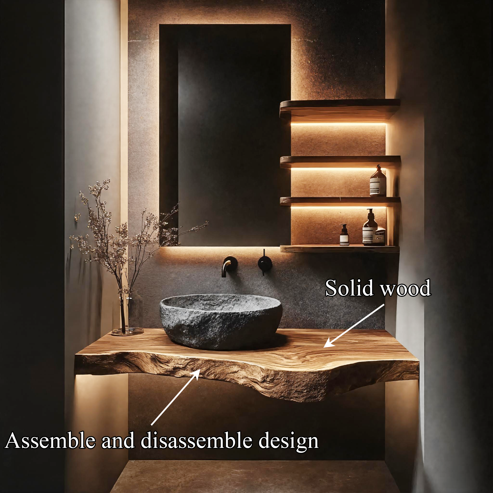 Wabi Sabi Bathroom Vanity Floating Wood Countertop Shelf SINLKIBRV250