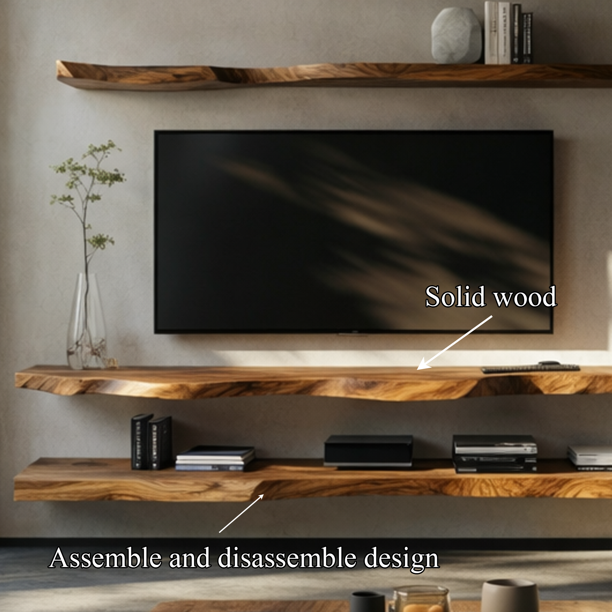 Rustic Live Edge Floating Media Shelf Solid Wood Living Room Interior Wall Mounted SINLKIFL426