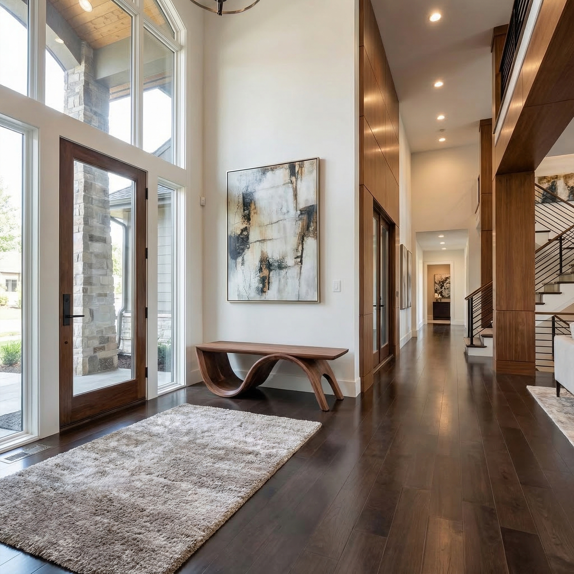 Mid Century Solid Wood Bench Sculptural Curved Base Entryway And Living Room SINLKIRS088