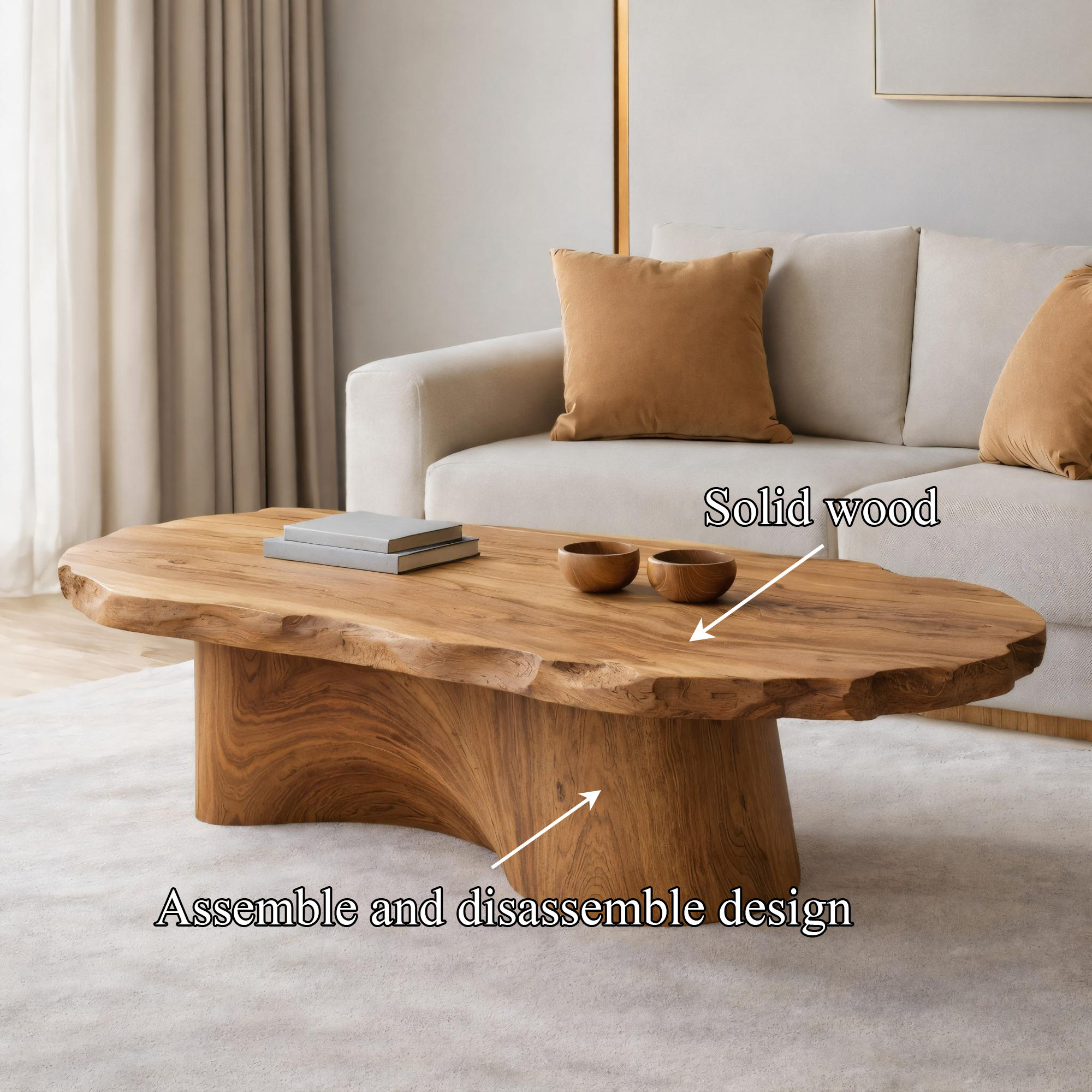 Soft Edge Organic Solid Wood Coffee Table Sculpted Base Serene Modern Living Room Interior SINLKICF295