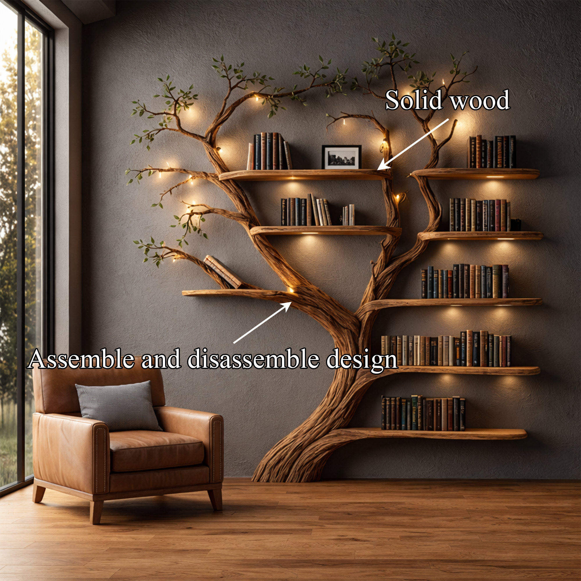 Rustic Organic Tree Bookshelf Handcrafted Wall Art For Home SINLKITB684