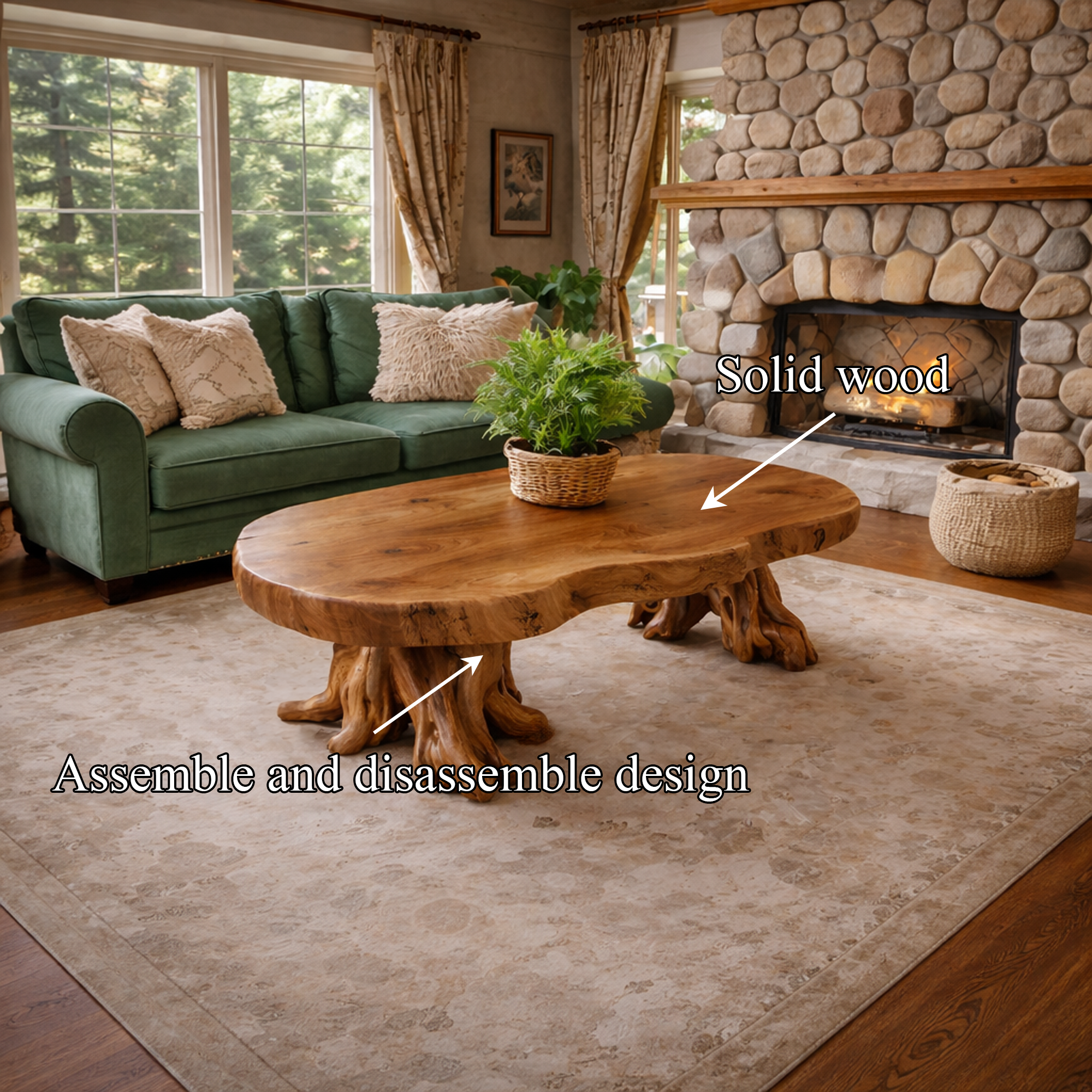 Rustic Root Style Solid Wood Coffee Table Cozy Living Room Interior SINLKICF309