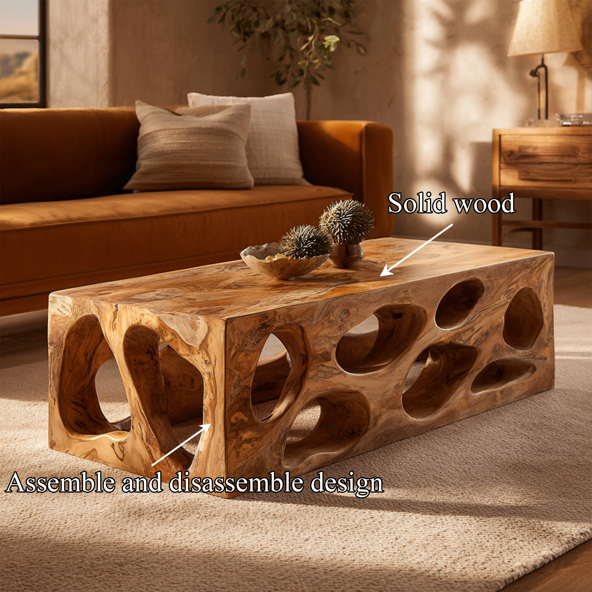 Organic Hollow Carved Solid Wood Coffee Table Sculptural Statement Warm Living Room Interior SINLKICF300