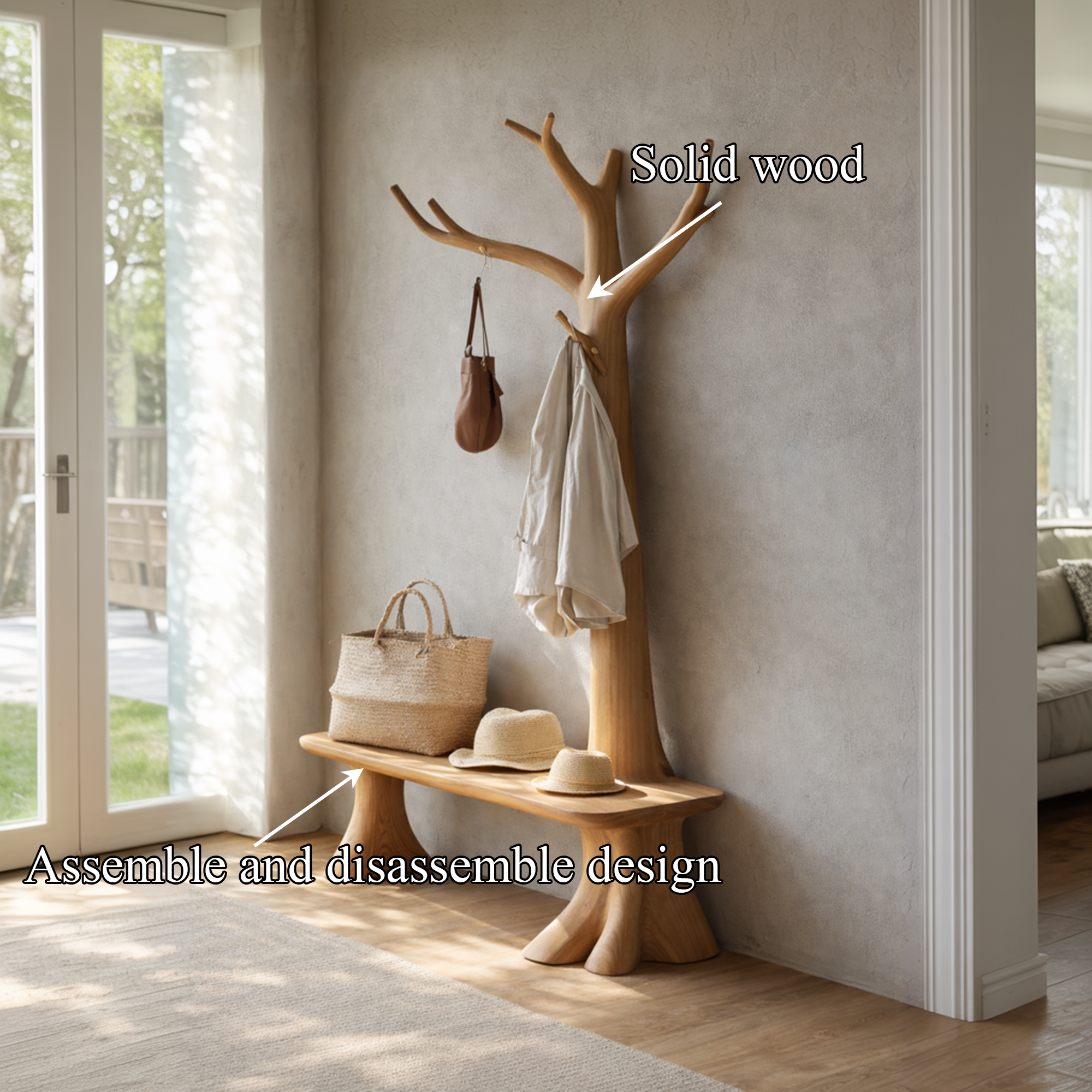 Handcrafted Tree Coat Rack With Bench Solid Wood Entryway Interior Functional Decor SINLKITCR093