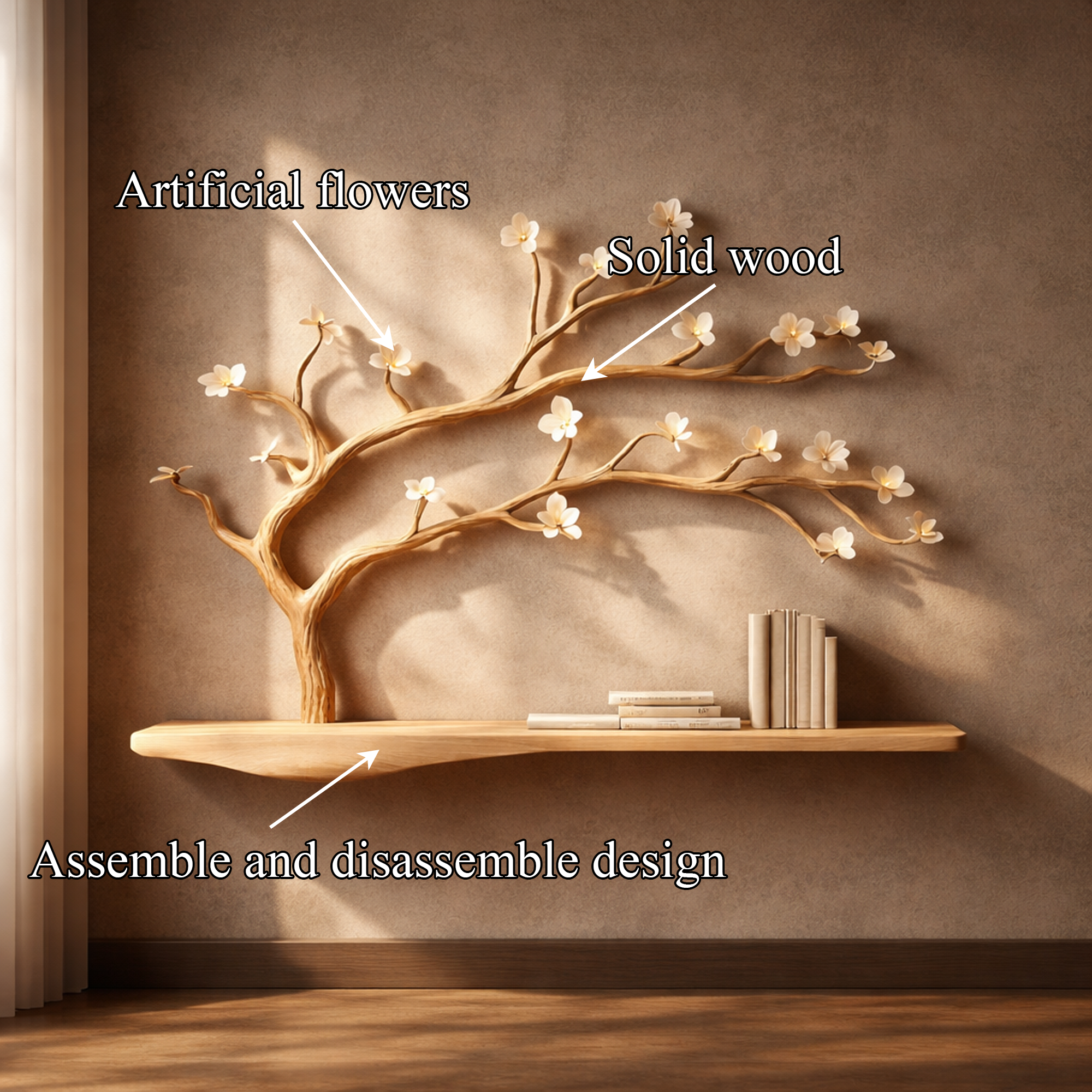 Rustic Tree Shelf Wall Mounted Bookcase For Living Room Decor SINLKIFL244