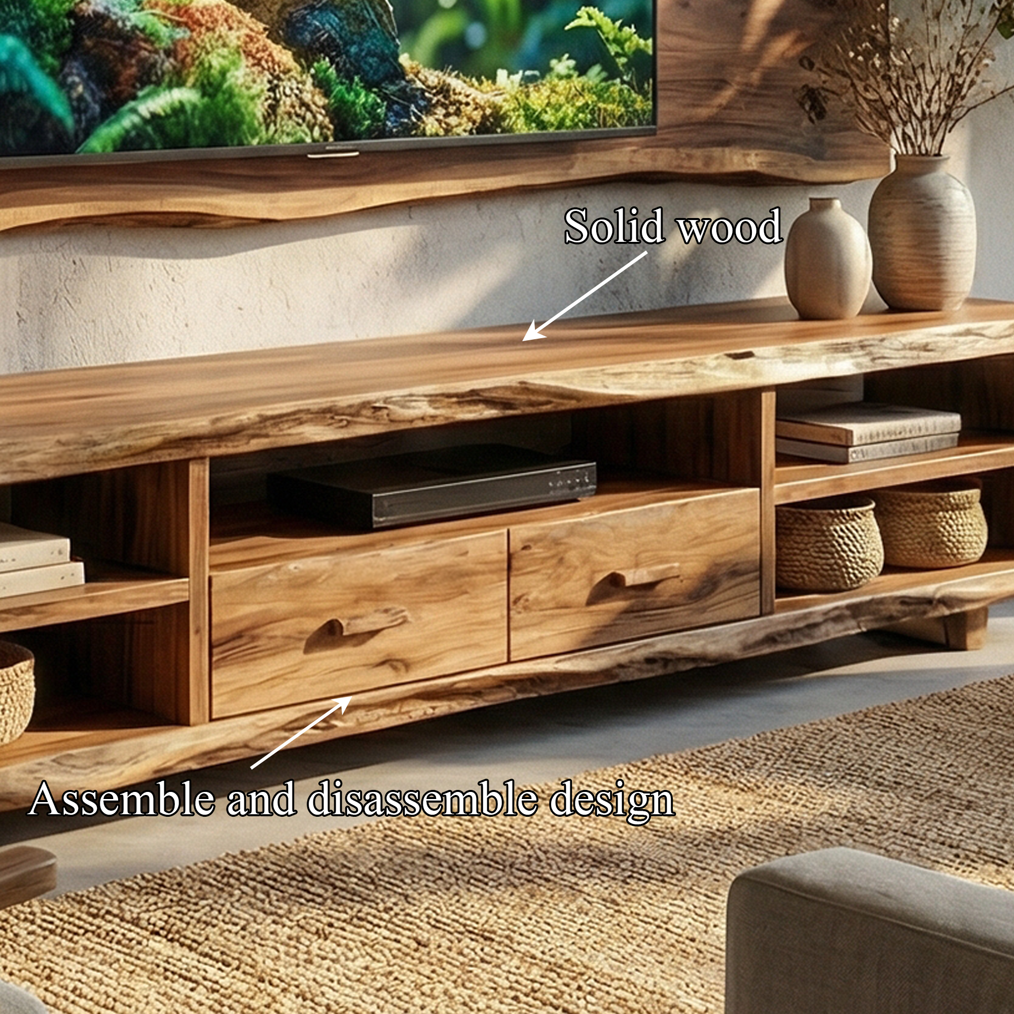 Set Rustic TV Cabinet And Wood Wall Panel Set Living Room SINLKISC496