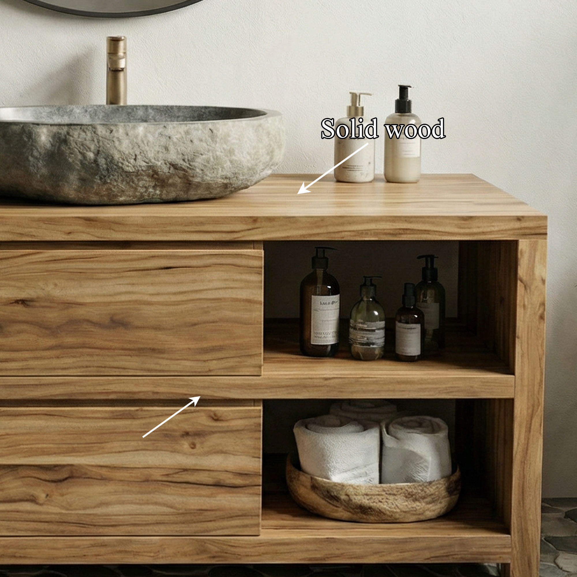 Modern Minimal Solid Wood Bathroom Vanity Open Shelf Storage Cabinet SINLKIBRV273