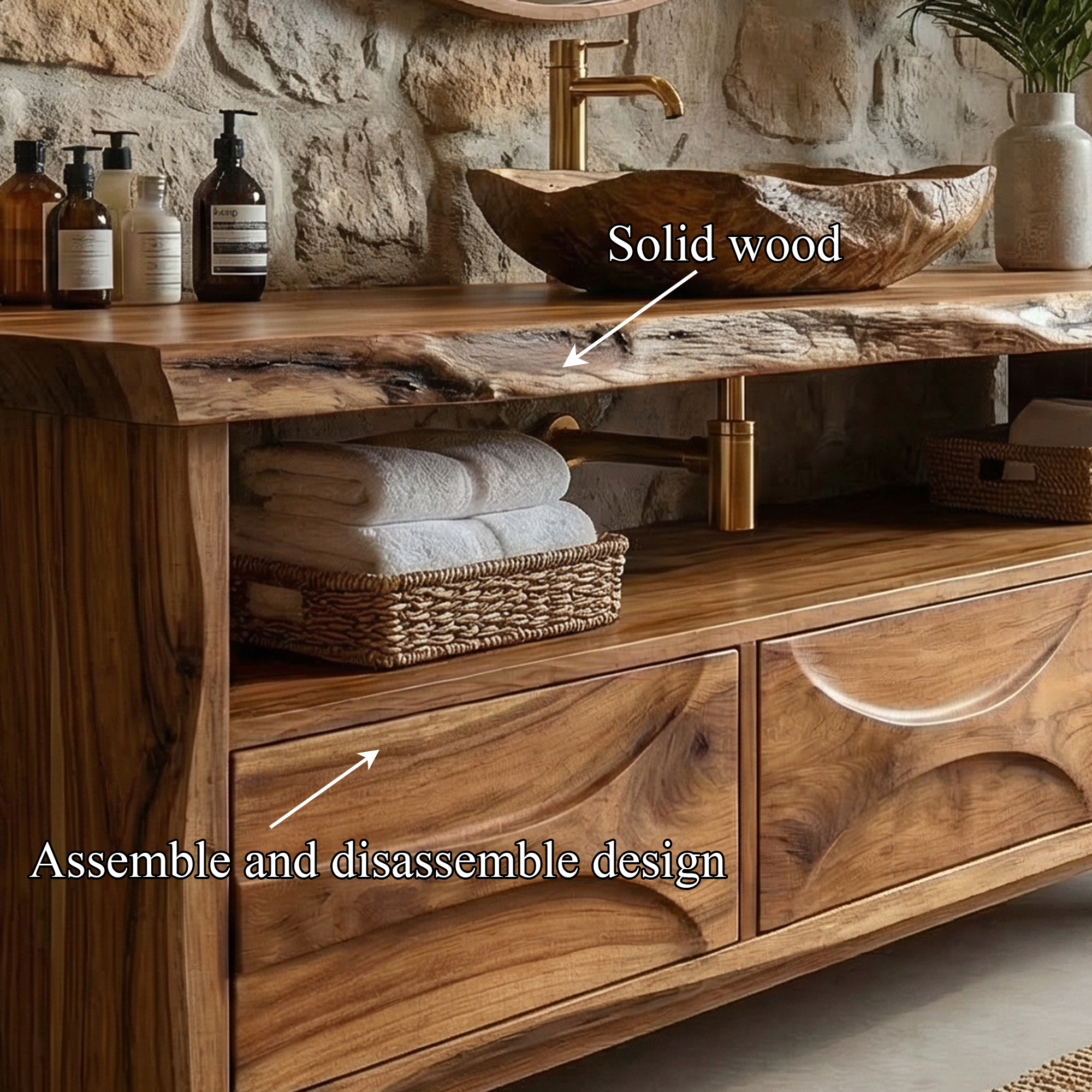 Mid Century Solid Wood Bathroom Vanity Freestanding Storage Cabinet SINLKIBRV274