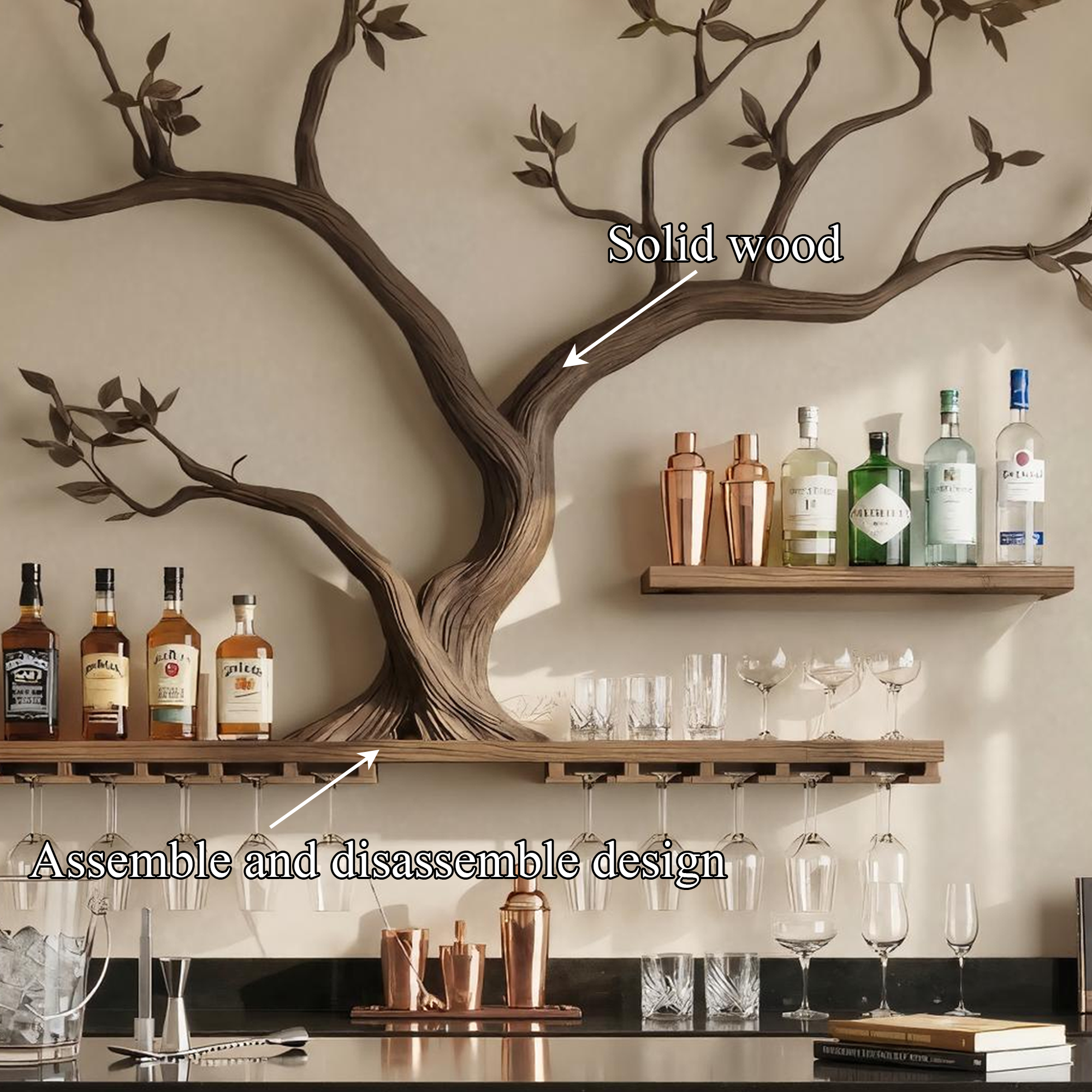 Rustic Tree Branch Wine Rack Wooden Wall Shelf For Kitchen Dining Room Home Bar SINLKIWR008