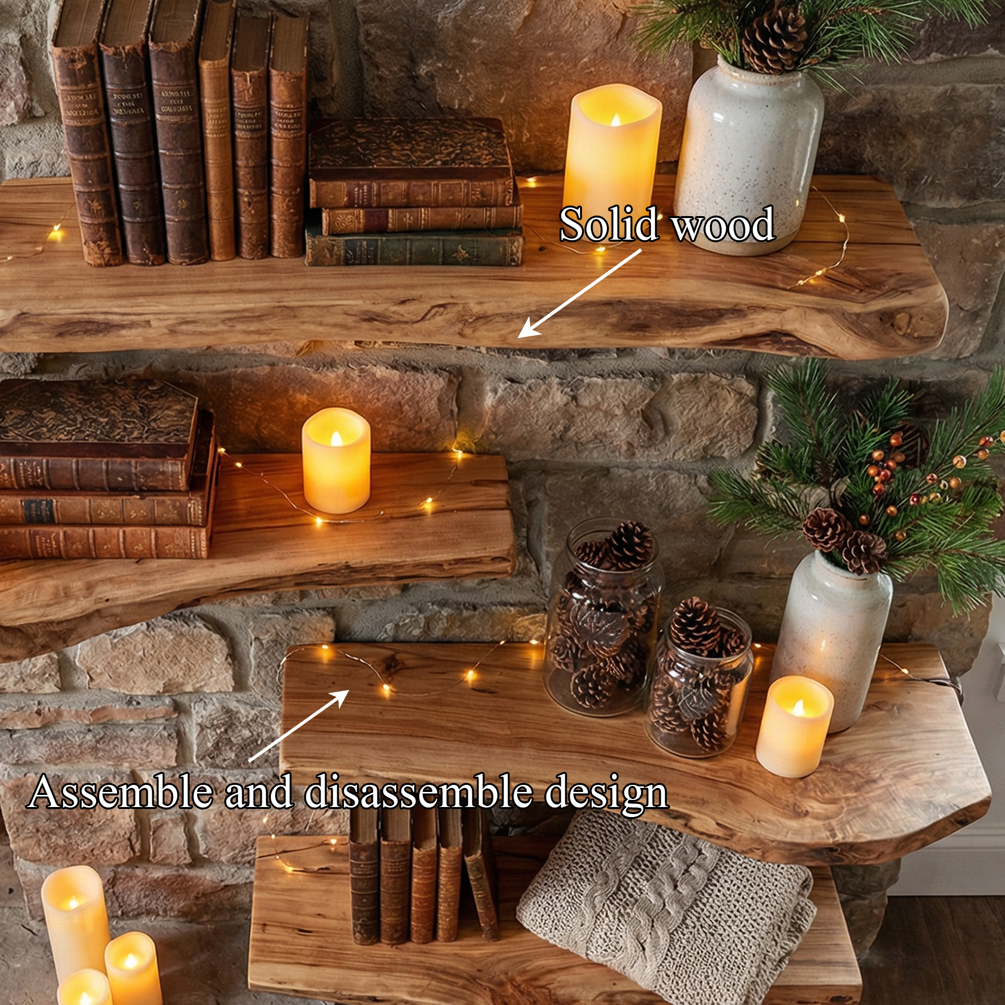 Rustic Fireplace Wall Shelves Solid Wood Organic Display SINLKIFL495