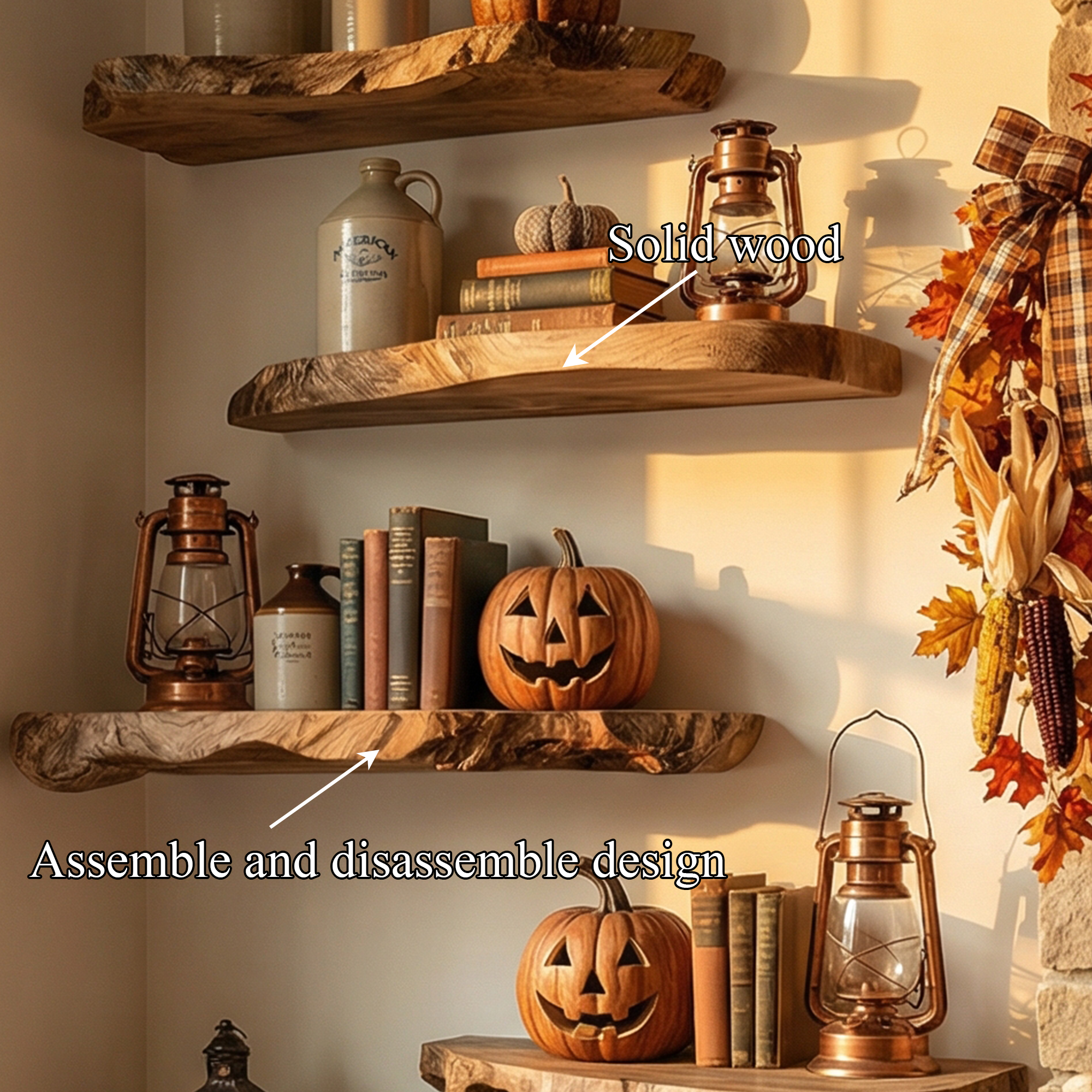 Modern Farmhouse Autumn Decor Floating Wall Shelves Solid Wood Display SINLKIFL496