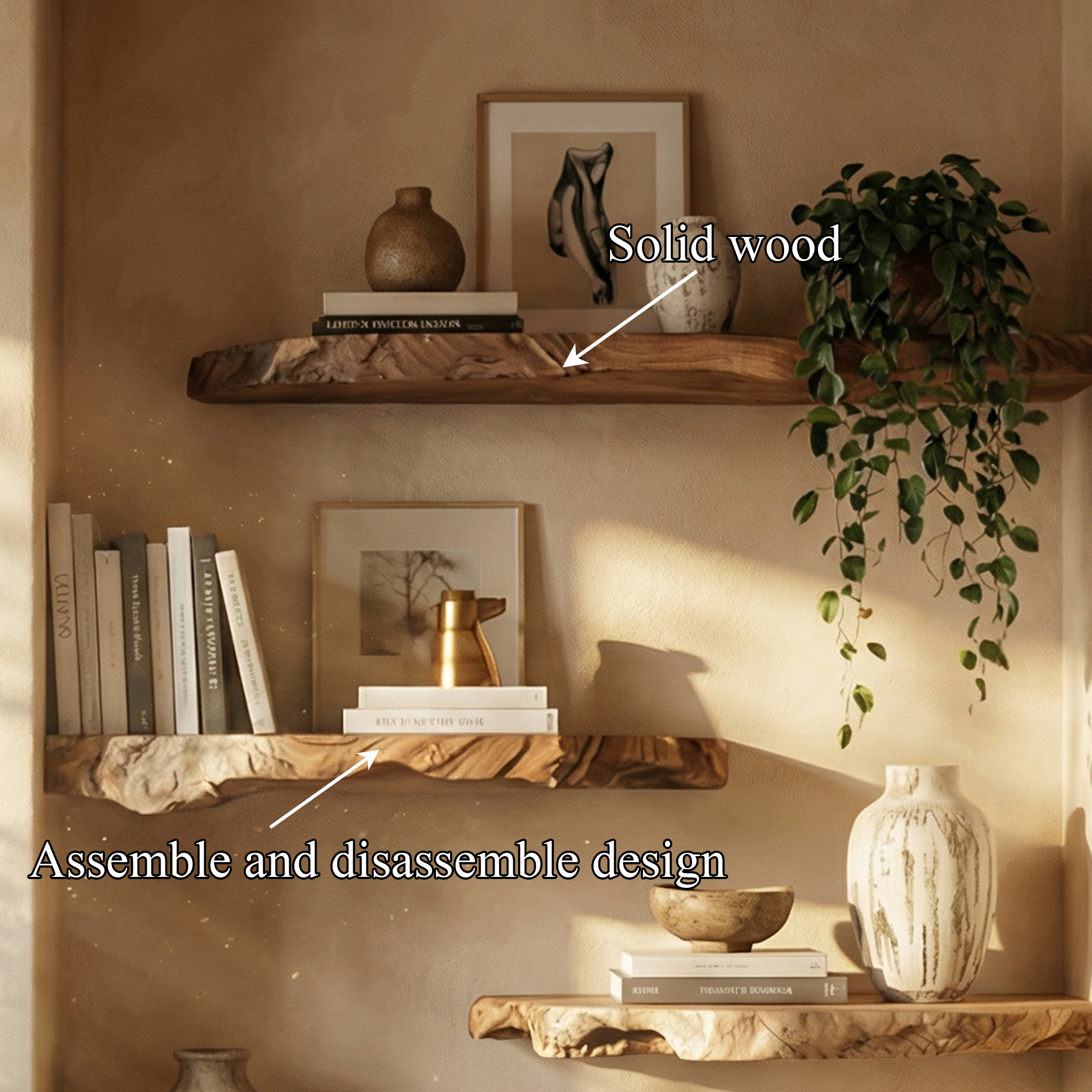 Modern Organic Live Edge Floating Wall Shelves Natural Wood Accent Display SINLKIFL497