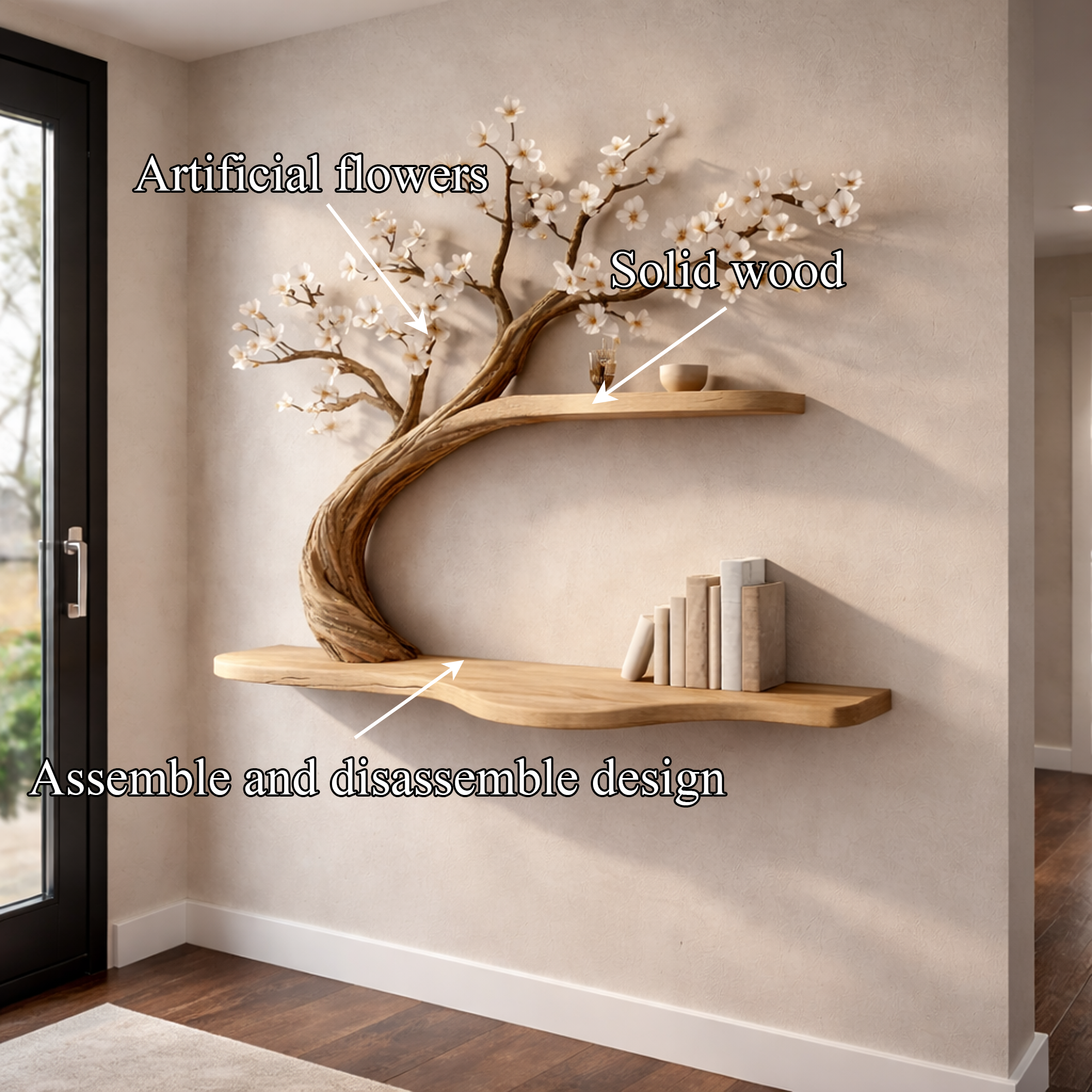 Rustic Tree Shelf Wall Mounted Bookcase For Living Room Decor SINLKIFL245