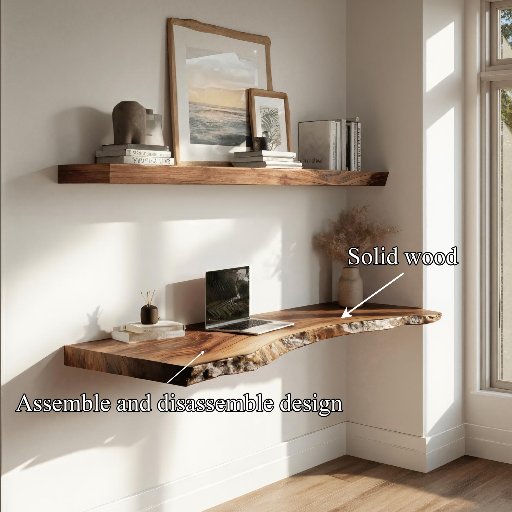 Live Edge Solid Wood Floating Desk Window Side Workspace Interior SINLKIFL385