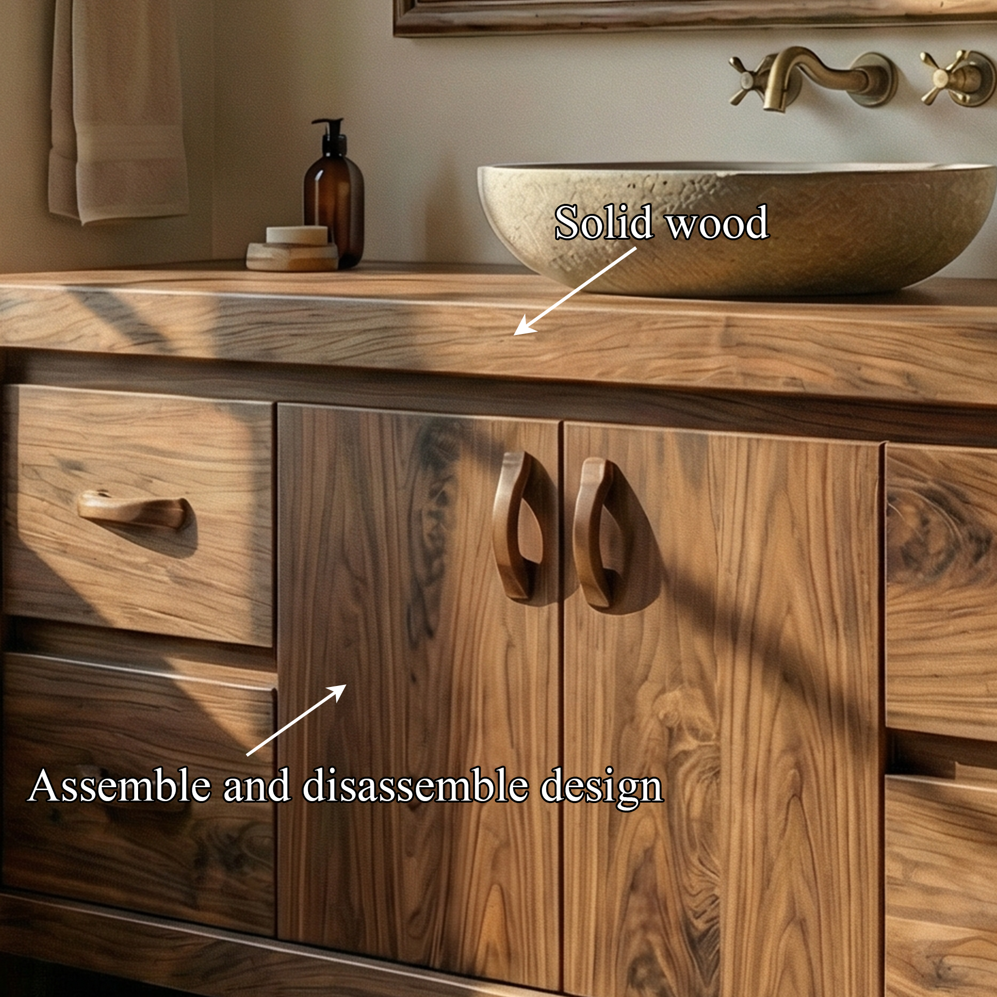 Modern Farmhouse Solid Wood Bathroom Vanity Cabinet Natural Grain Storage SINLKIBRV272