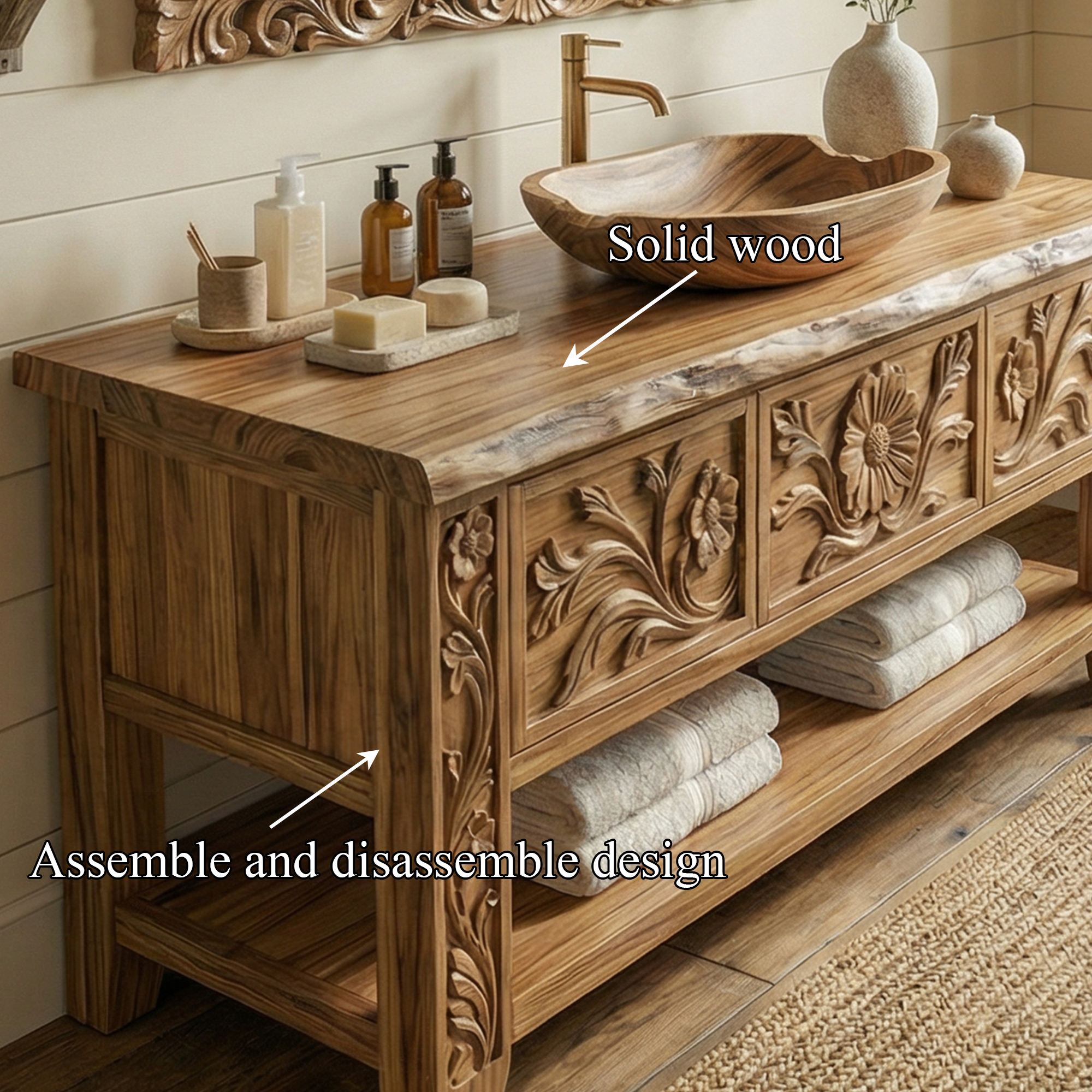 Rustic Hand Carved Solid Wood Bathroom Vanity Decorative Panel Cabinet SINLKIBRV275