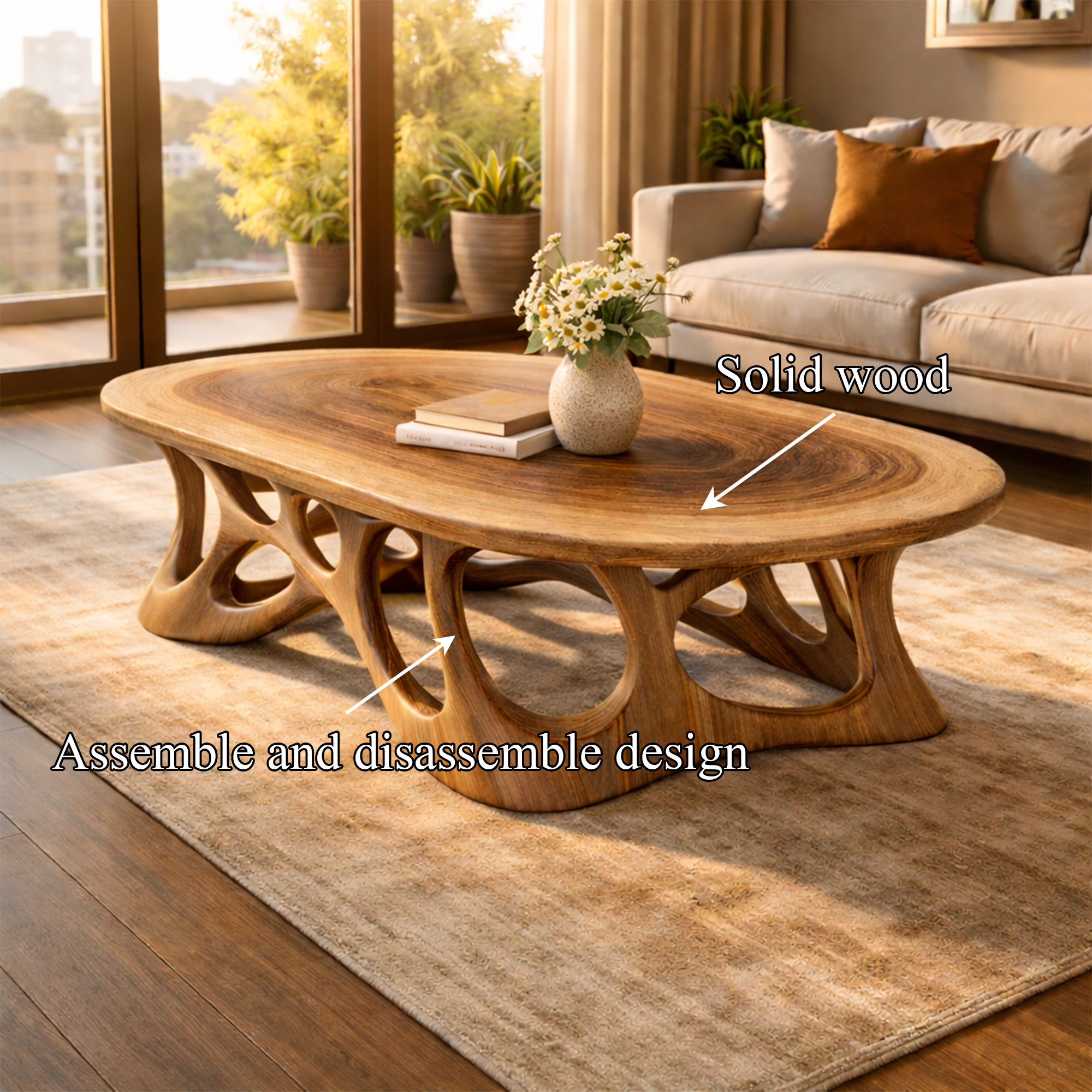 Sculpted Oval Solid Wood Coffee Table Organic Flow Modern Living Room Interior SINLKICF306