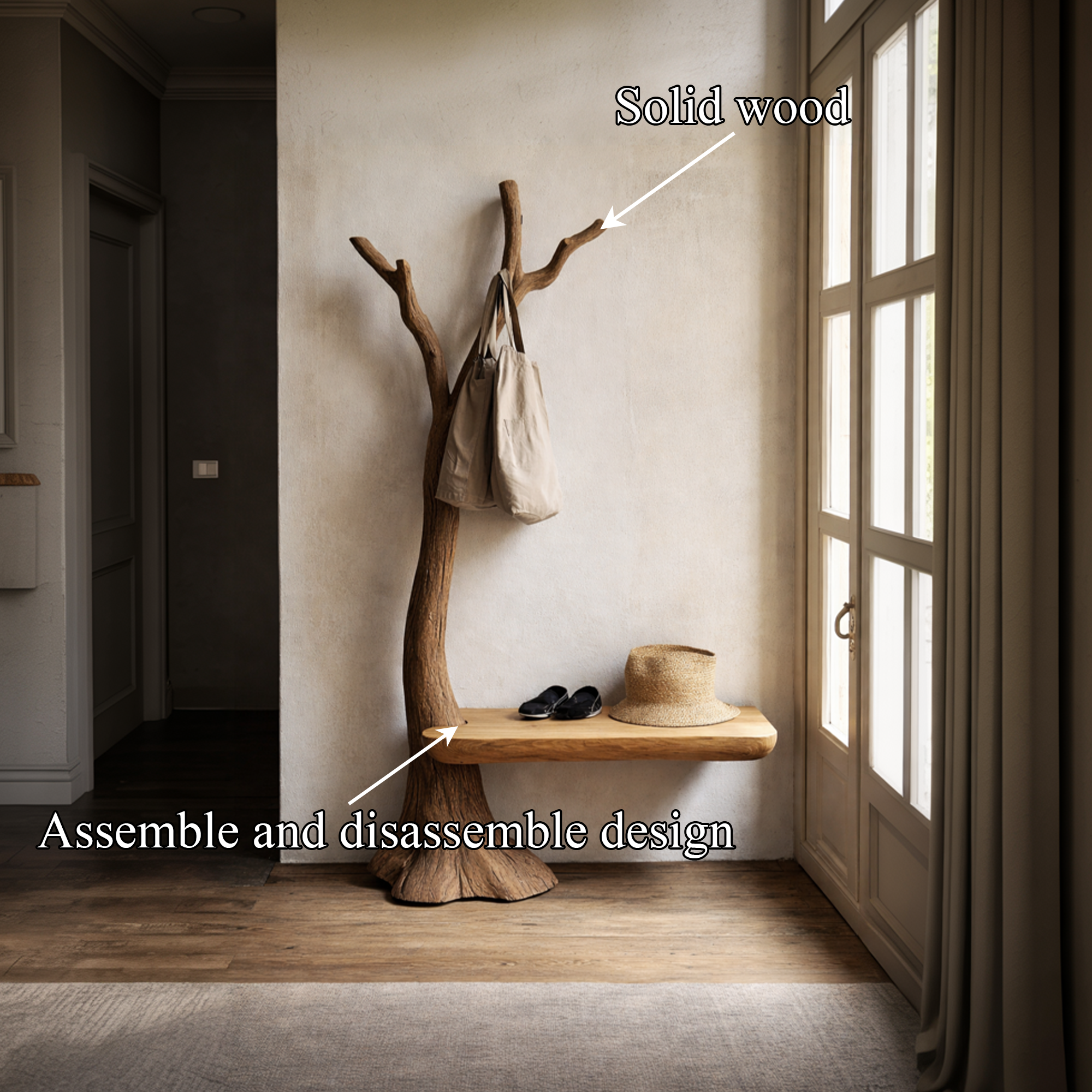 Sculptural Tree Coat Rack Bench Solid Wood Entryway Interior Minimal Storage SINLKITCR095