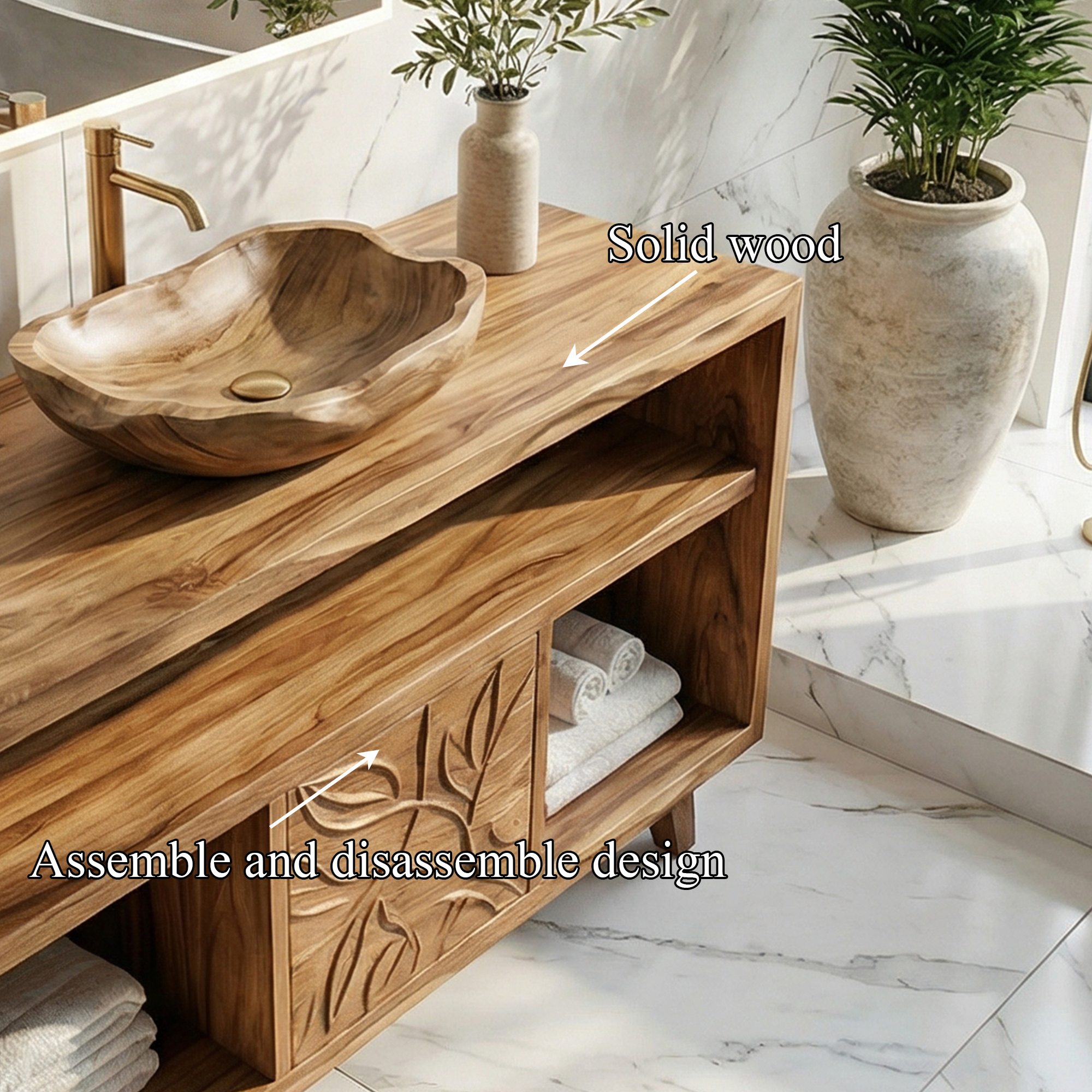 Contemporary Solid Wood Bathroom Vanity Open Niche Carved Door Cabine SINLKIBRV278