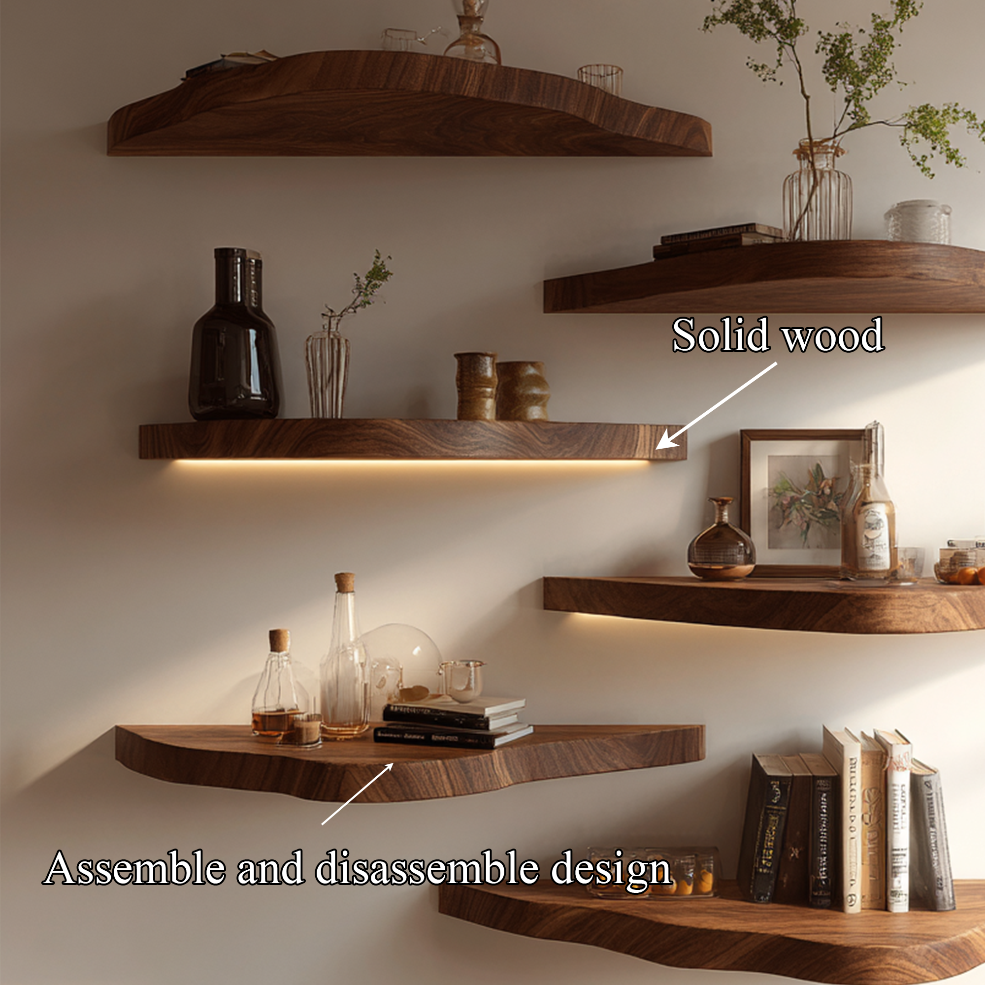Asymmetrical Solid Wood Floating Shelves Organic Wall Display Interior Decor SINLKIFL390