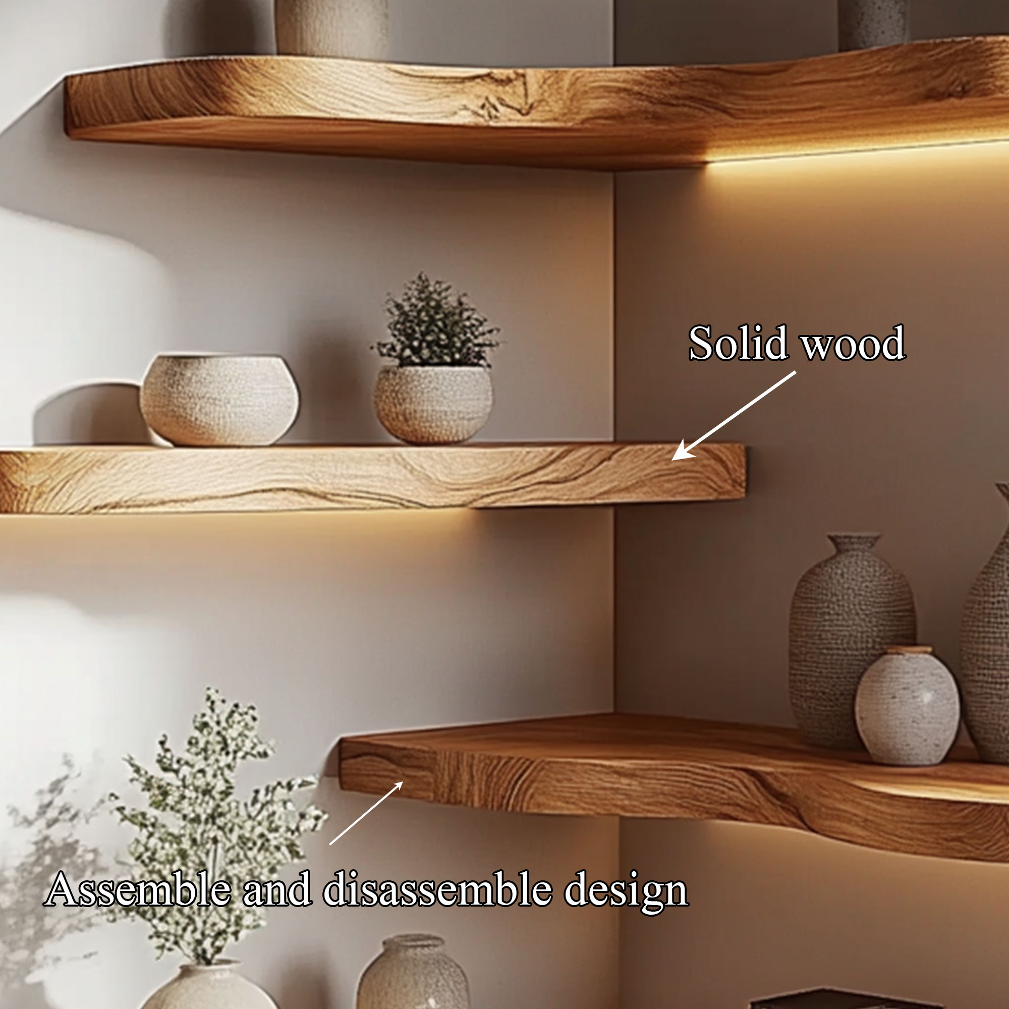 Corner Solid Wood Floating Shelves Organic Layered Wall Display Interior Decor SINLKIFL391