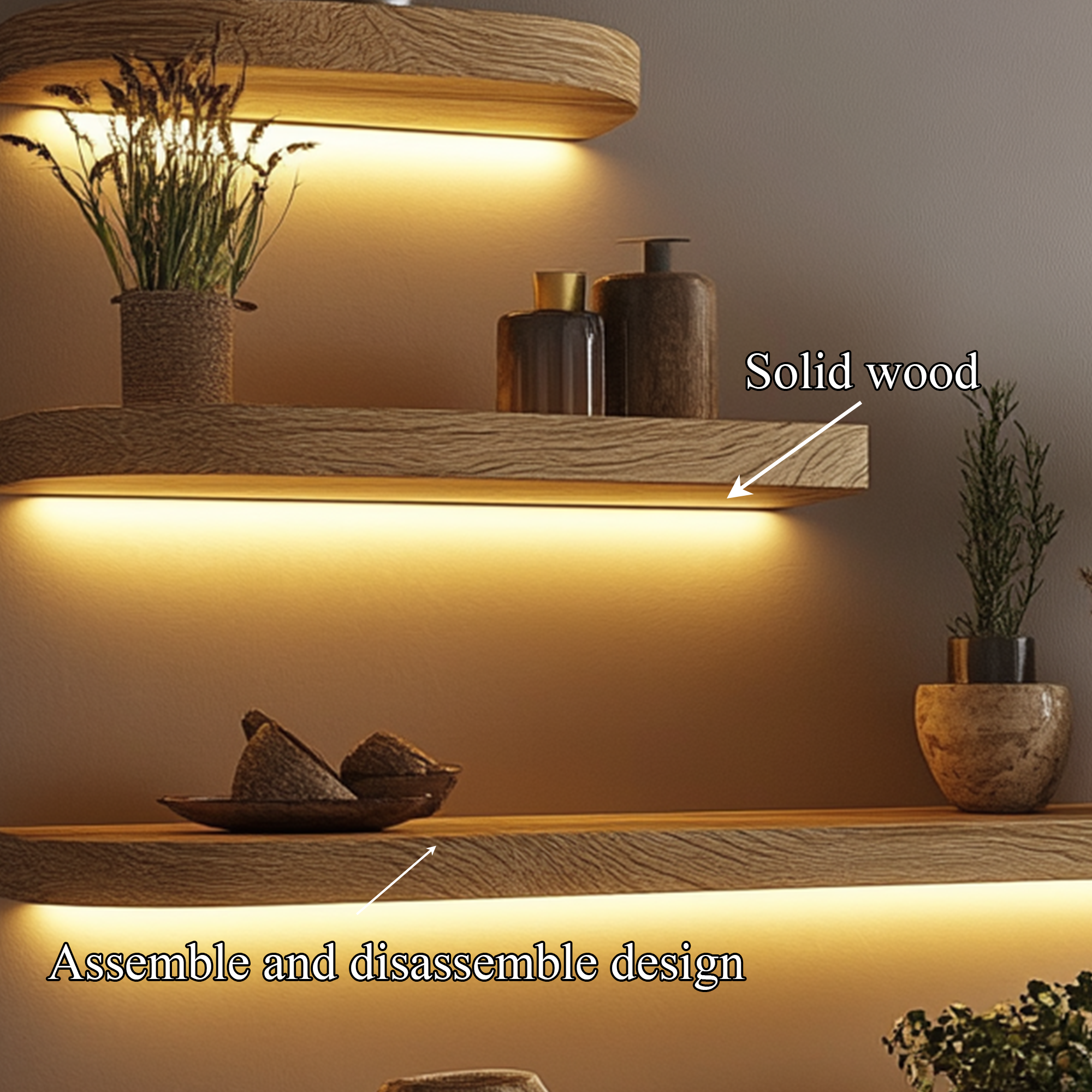 Warm Light Solid Wood Floating Shelves Modern Wall Display Interior SINLKIFL392