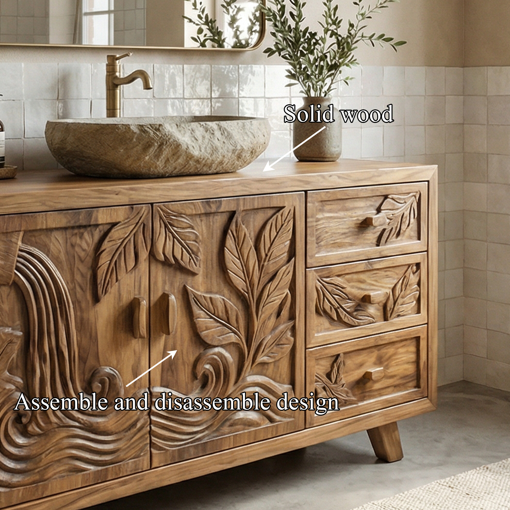 Bohemian Solid Wood Bathroom Vanity Leaf Carved Storage Cabinet SINLKIBRV280