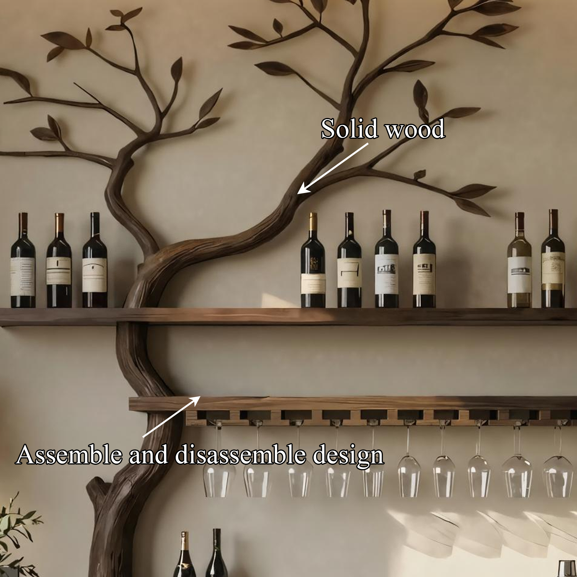 Artistic Tree Shaped Wooden Wall Wine Rack Bar Bottle Display Shelf Restaurant Bar Decor SINLKIWR011