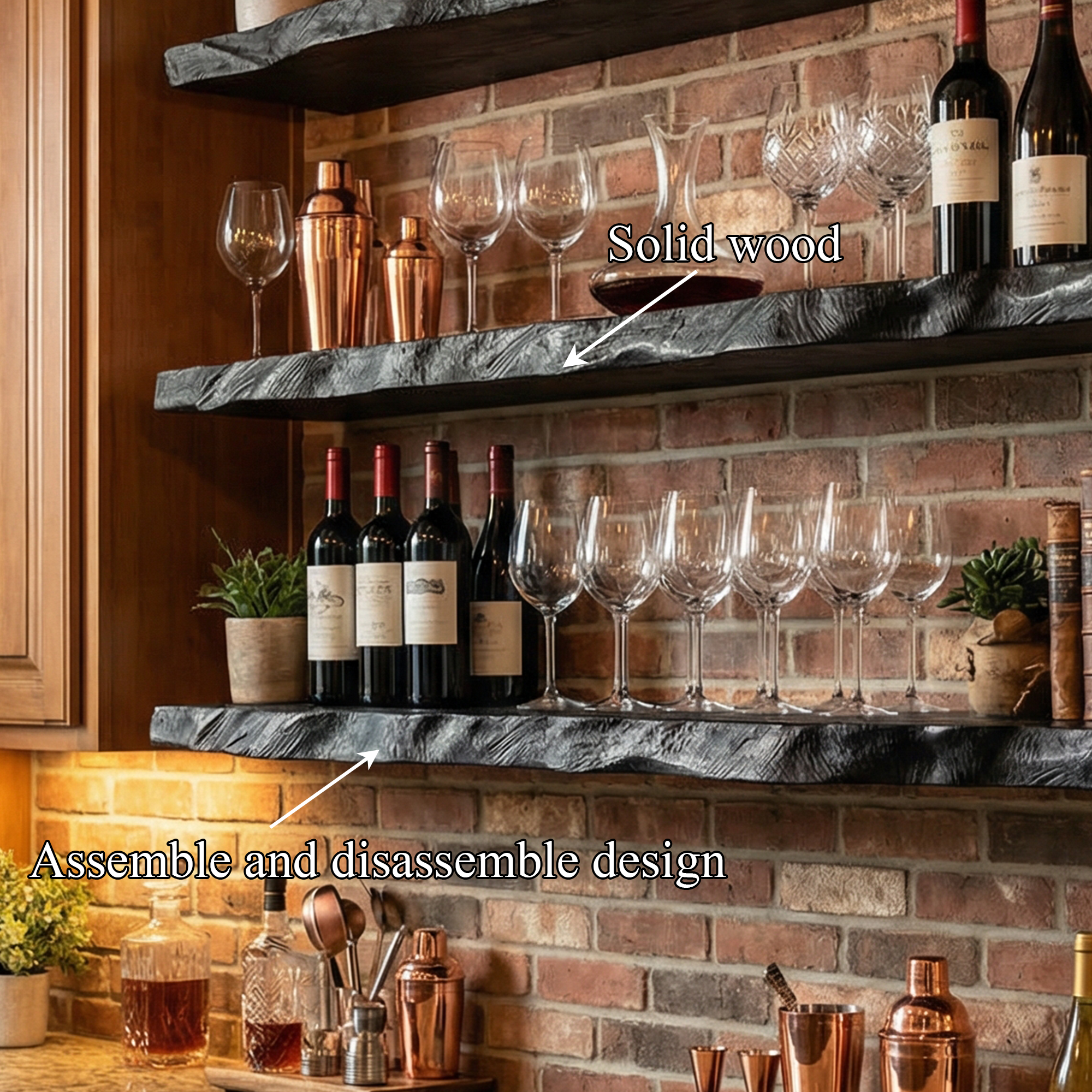 Industrial Solid Wood Floating Bar Shelves Wall Mounted Display Rack SINLKIFL506