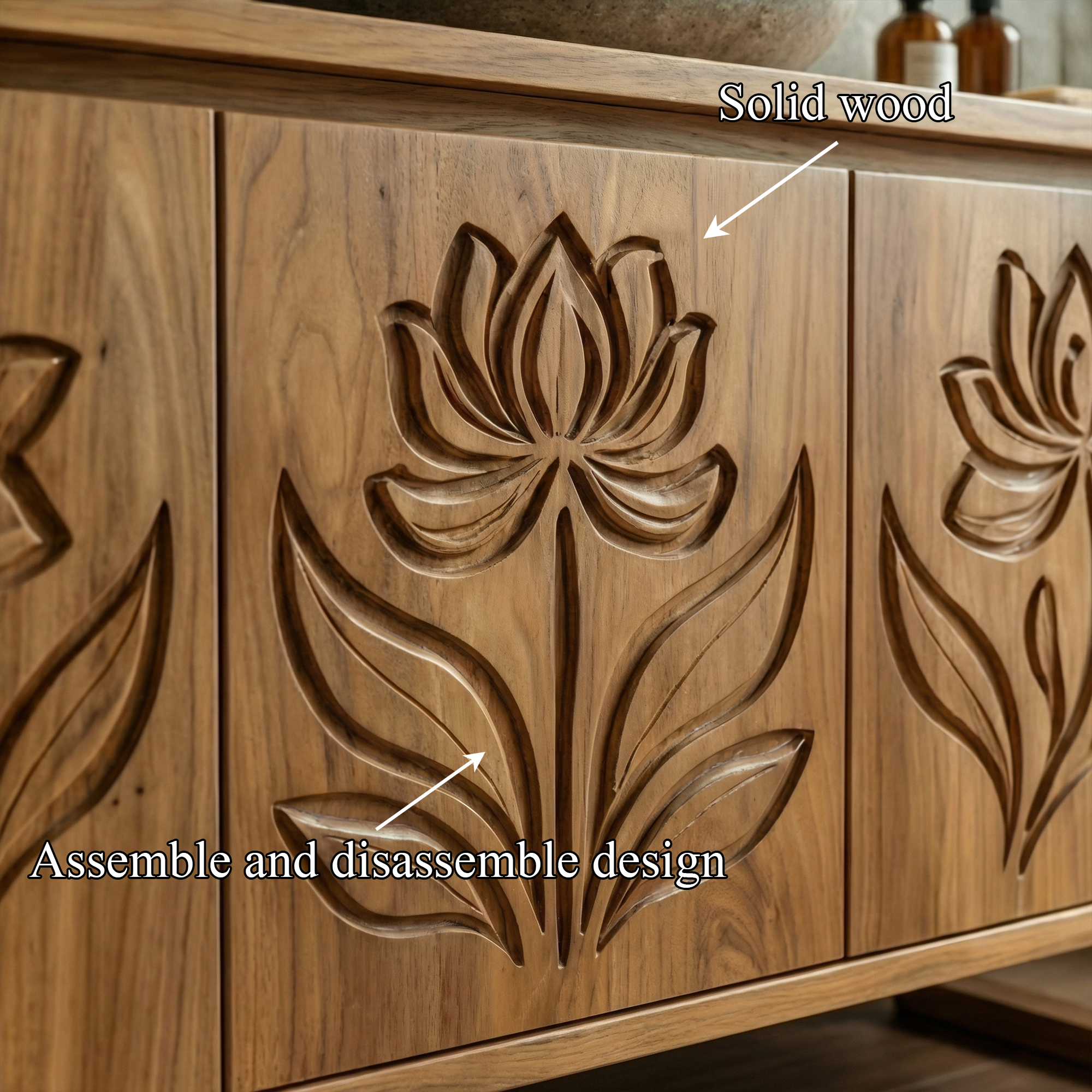Tropical Floral Carved Solid Wood Bathroom Vanity Freestanding Cabinet SINLKIBRV283