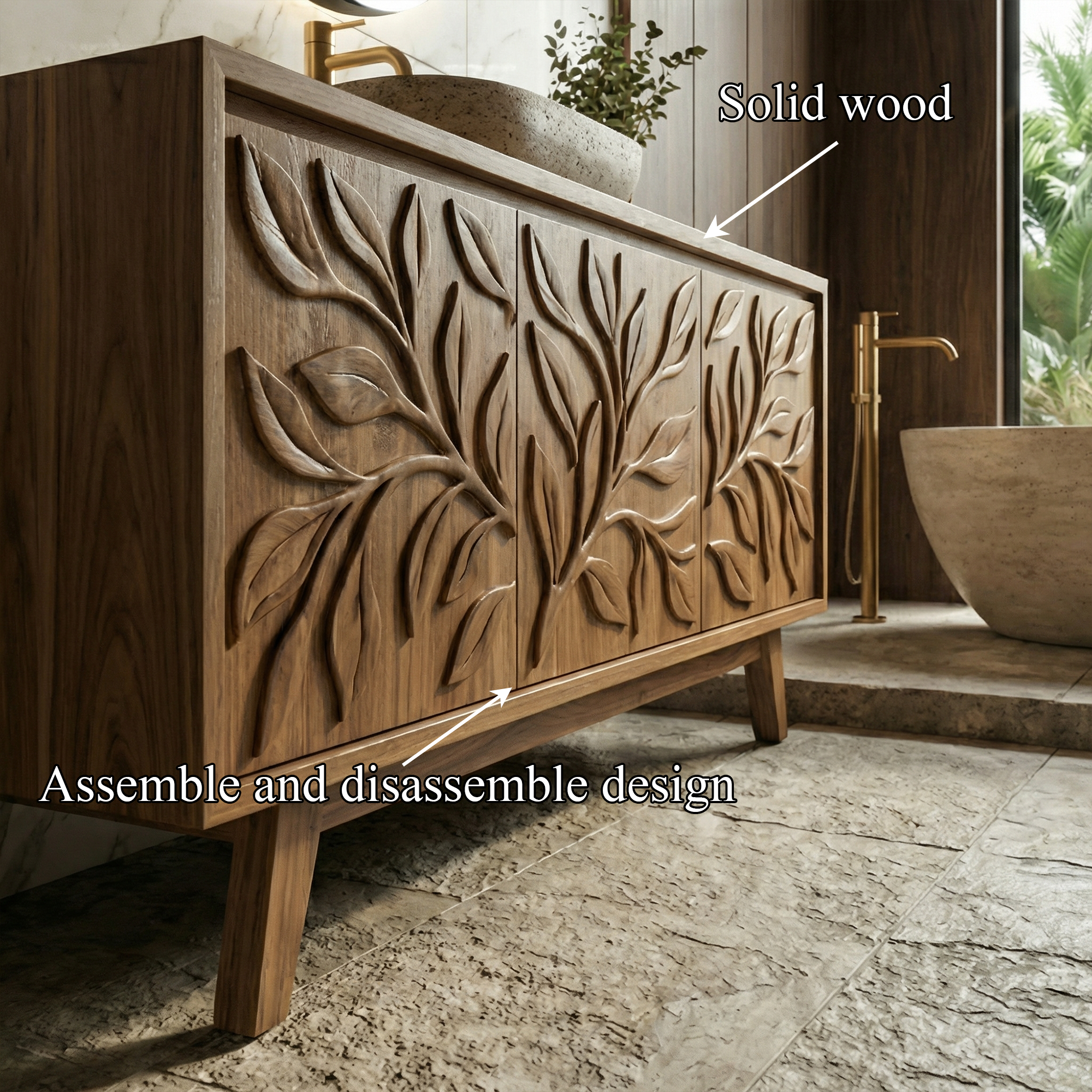 Scandinavian Leaf Carved Solid Wood Bathroom Vanity Minimal Storage Cabinet SINLKIBRV284
