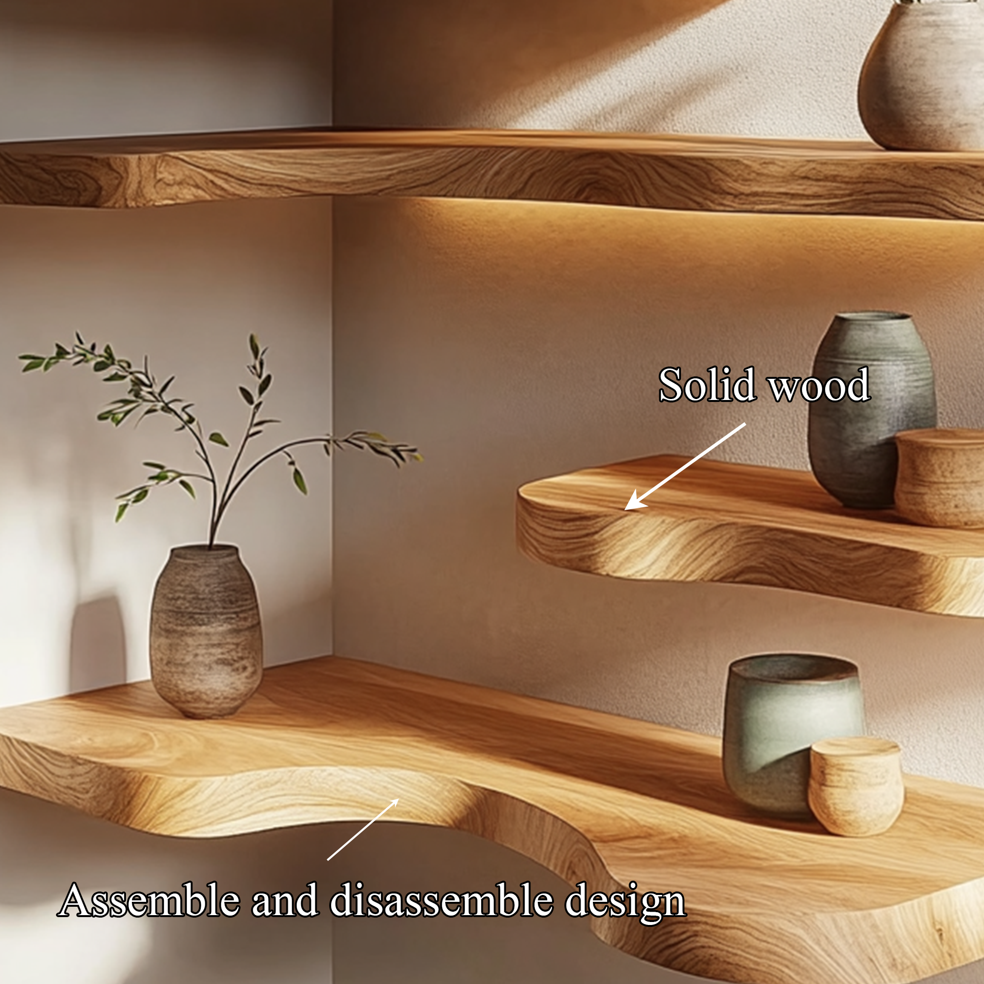 Natural Edge Solid Wood Corner Floating Shelves Calm Modern Interior Decor SINLKIFL396