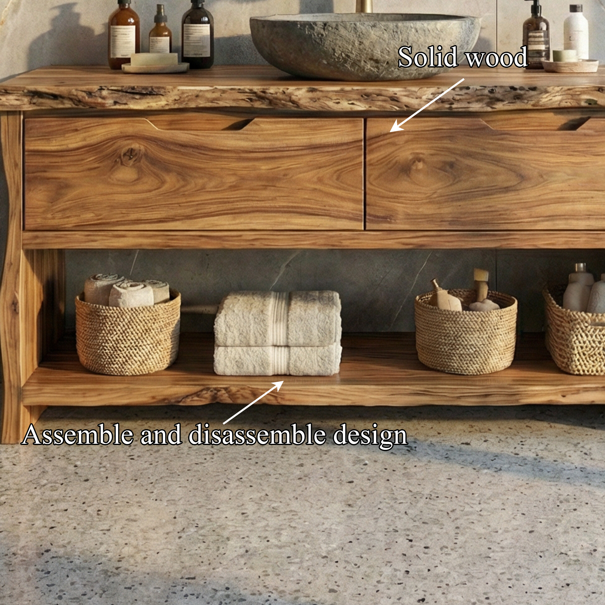 Industrial Solid Wood Bathroom Vanity Open Shelf Freestanding Cabinet SINLKIBRV286