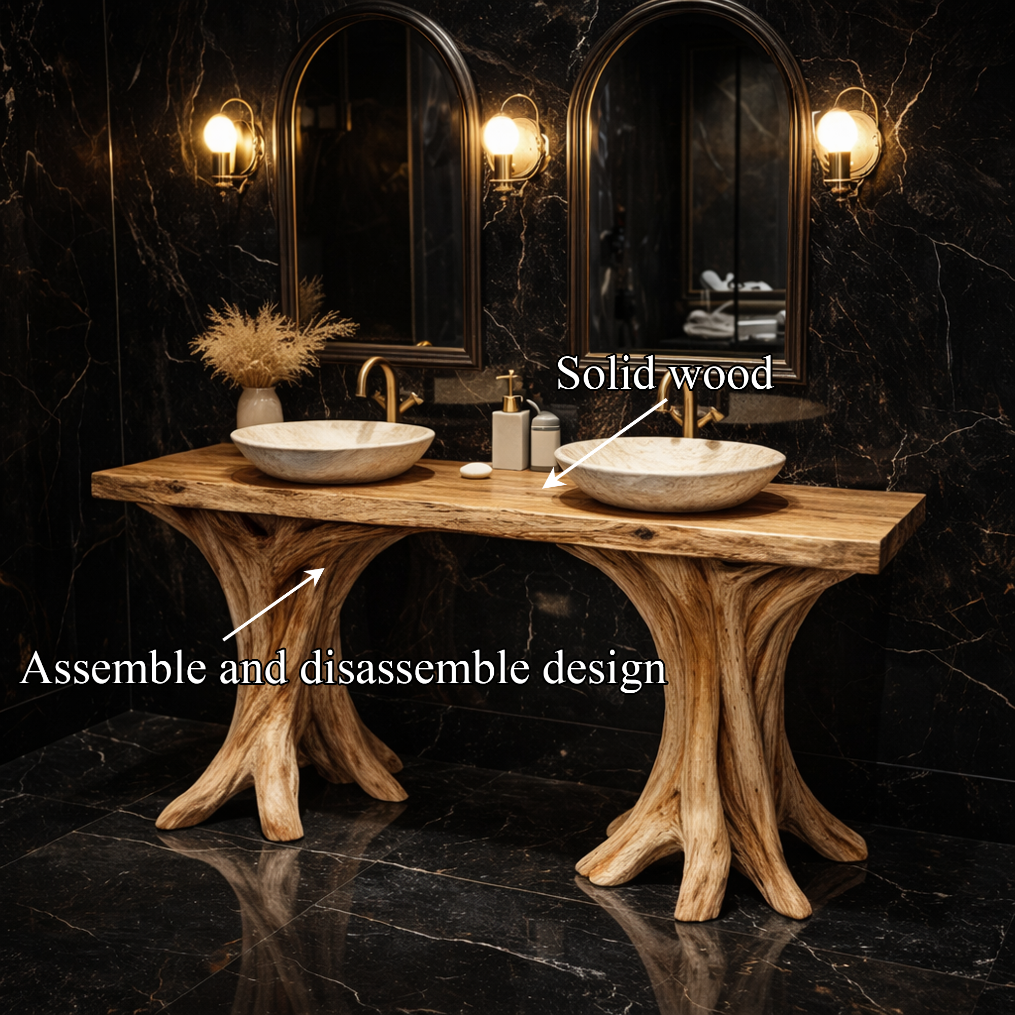 Luxury Sculptural Solid Wood Bathroom Console Table Tree Base Design SINLKIBRV267
