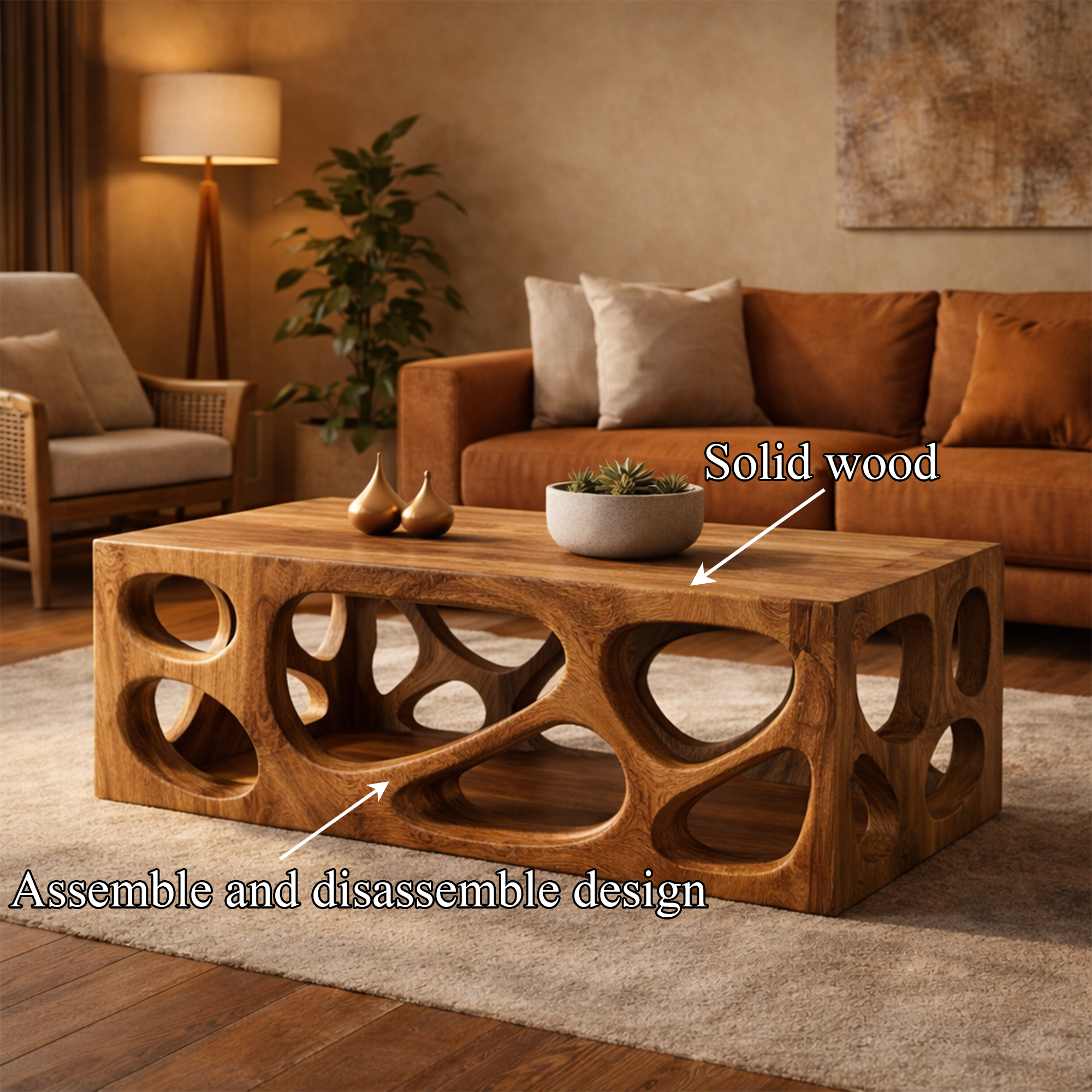 Architectural Carved Solid Wood Coffee Table Organic Void Design Statement Living Room Interior SINLKICF297