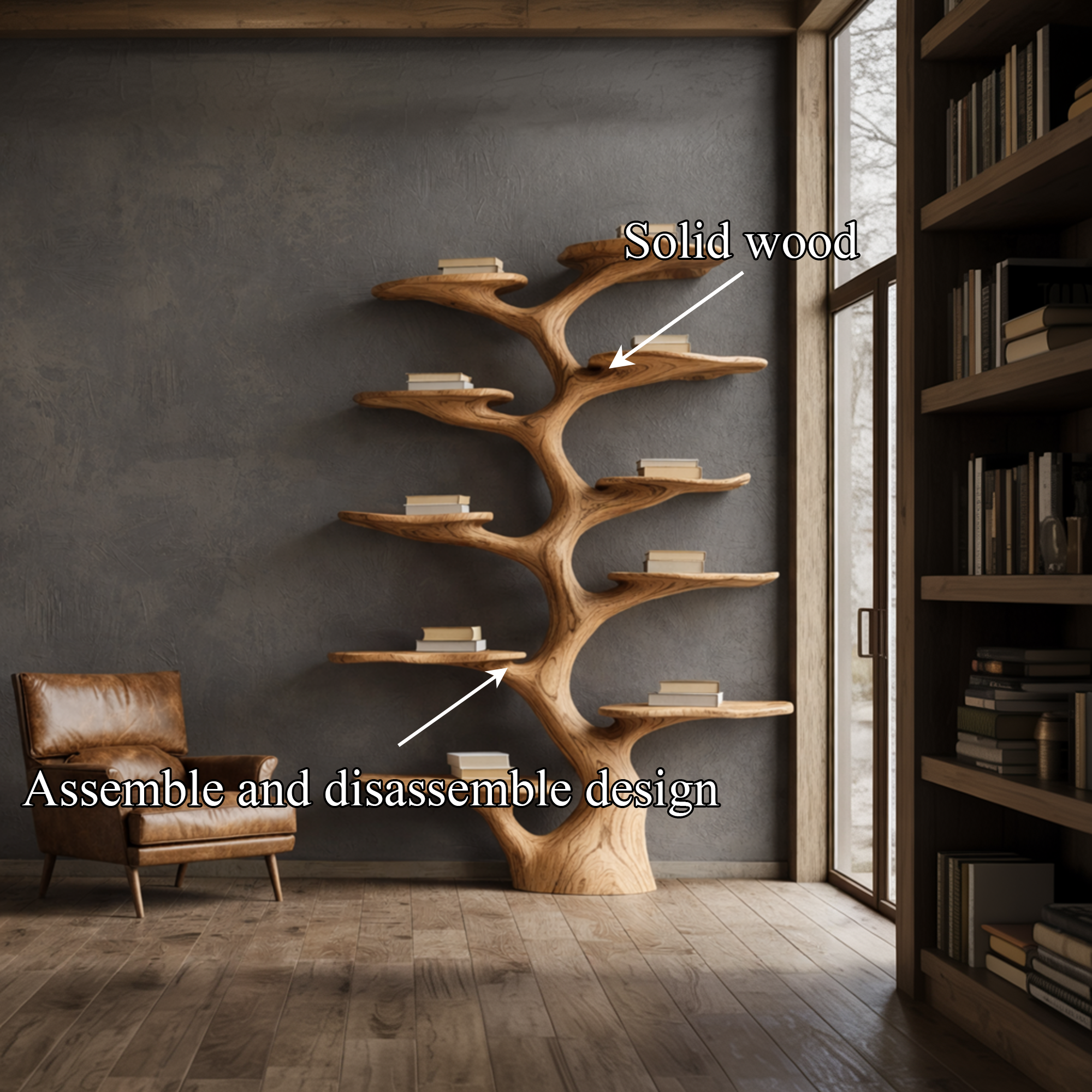 Rustic Sculptural Tree Bookshelf Living Room Interior Vertical Wall Display SINLKITB667