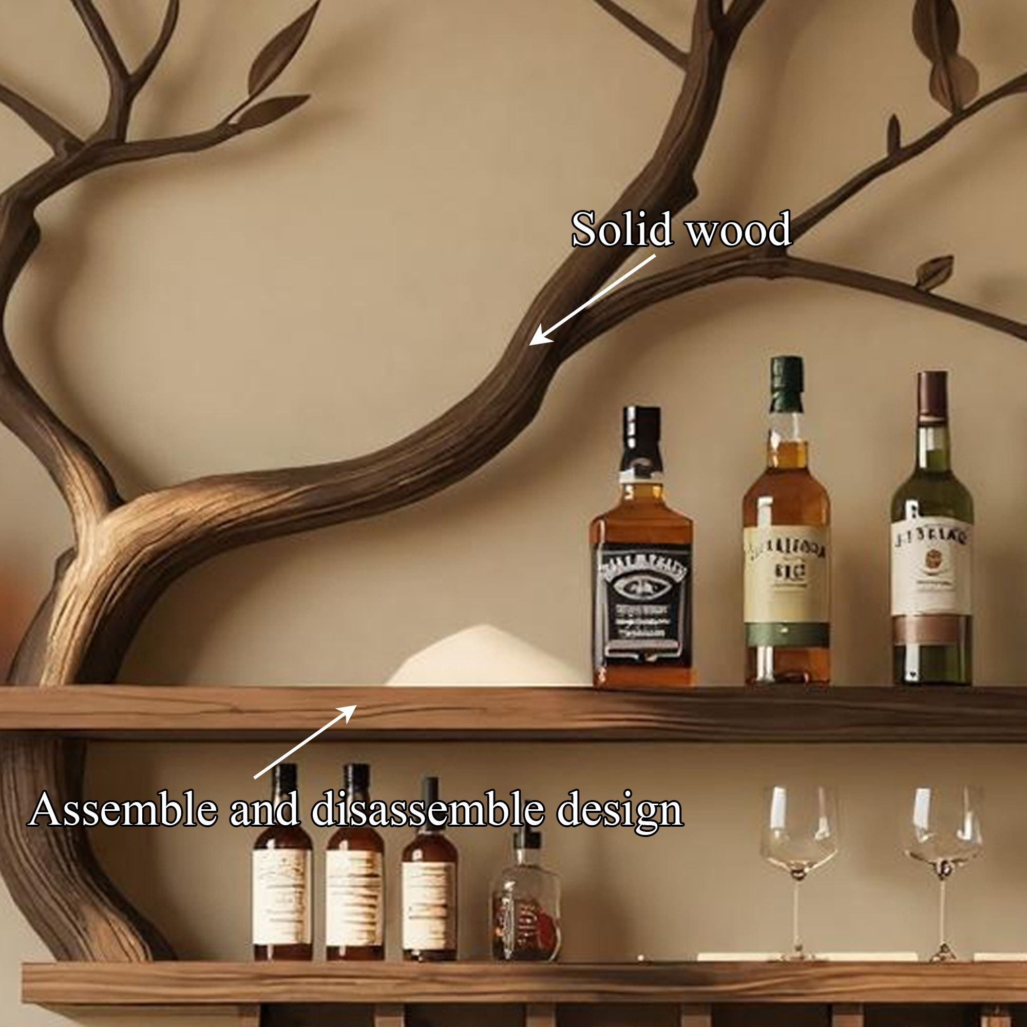 Nature Inspired Tree Branch Wine Rack Wooden Wall Bar Shelf Bottle Display SINLKIWR012