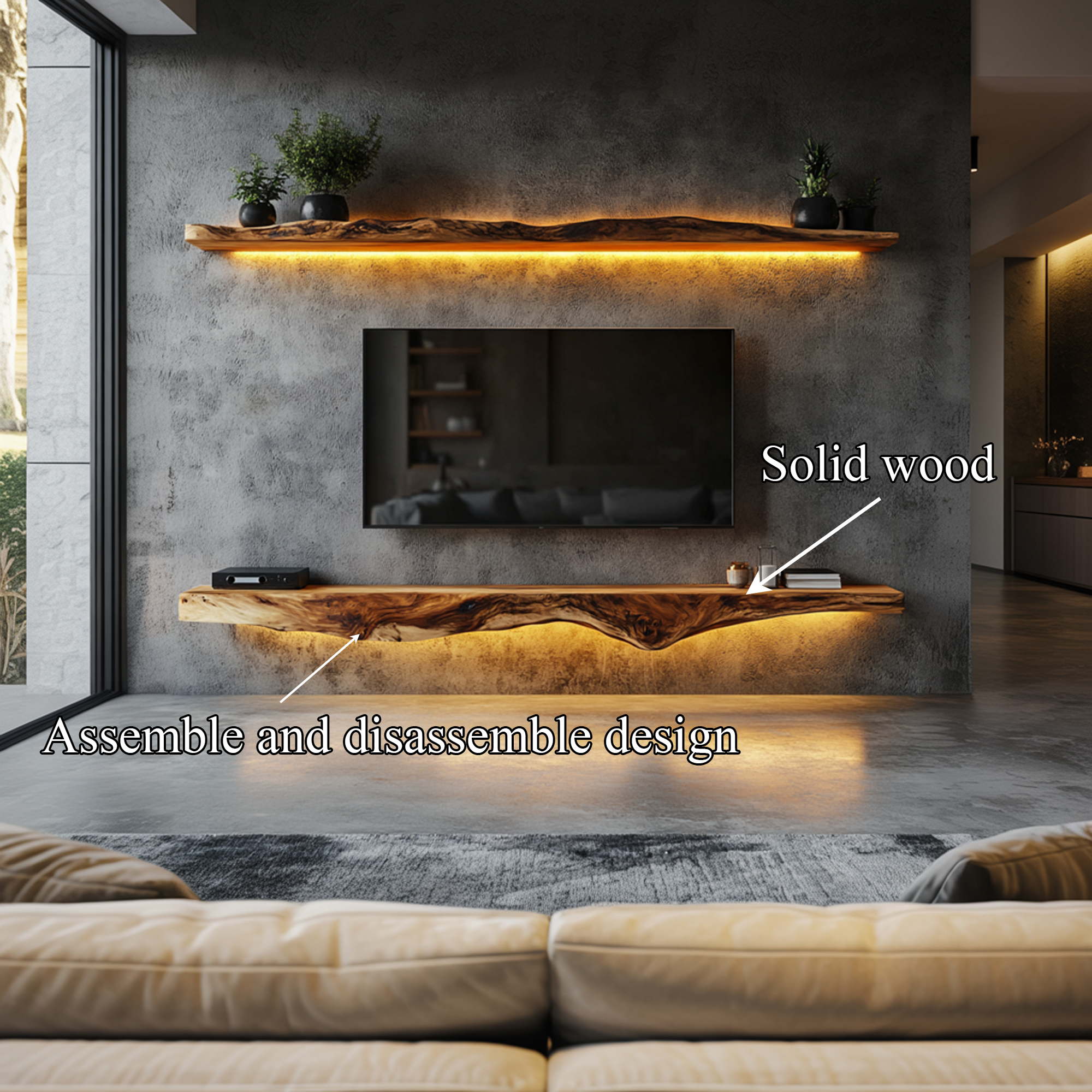 Rustic Artistic Live Edge Floating TV Shelf Solid Wood Living Room Interior Signature Furniture SINLKIFL405