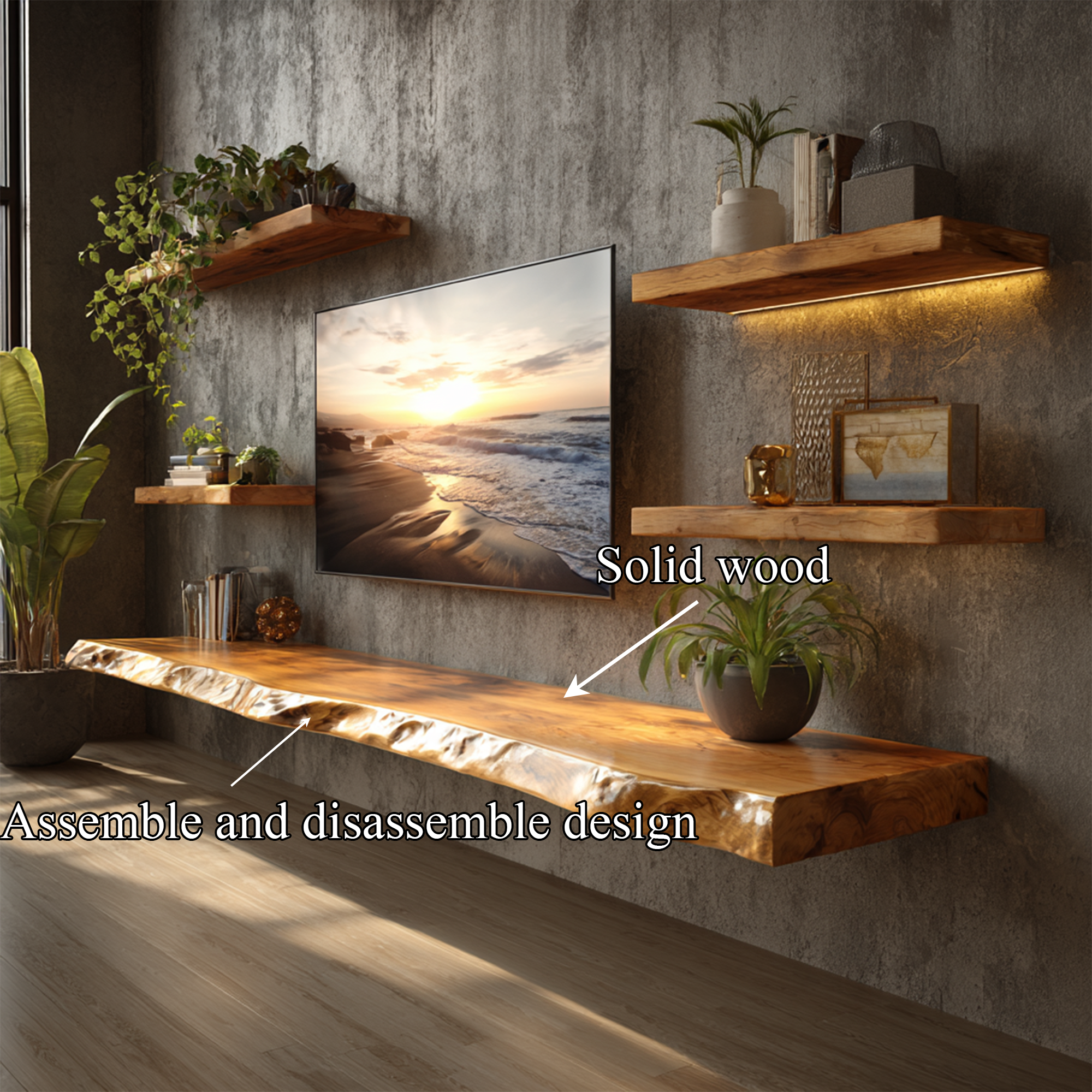 Rustic Organic Floating TV Shelf Solid Wood Living Room Interior Entertainment Display SINLKIFL406