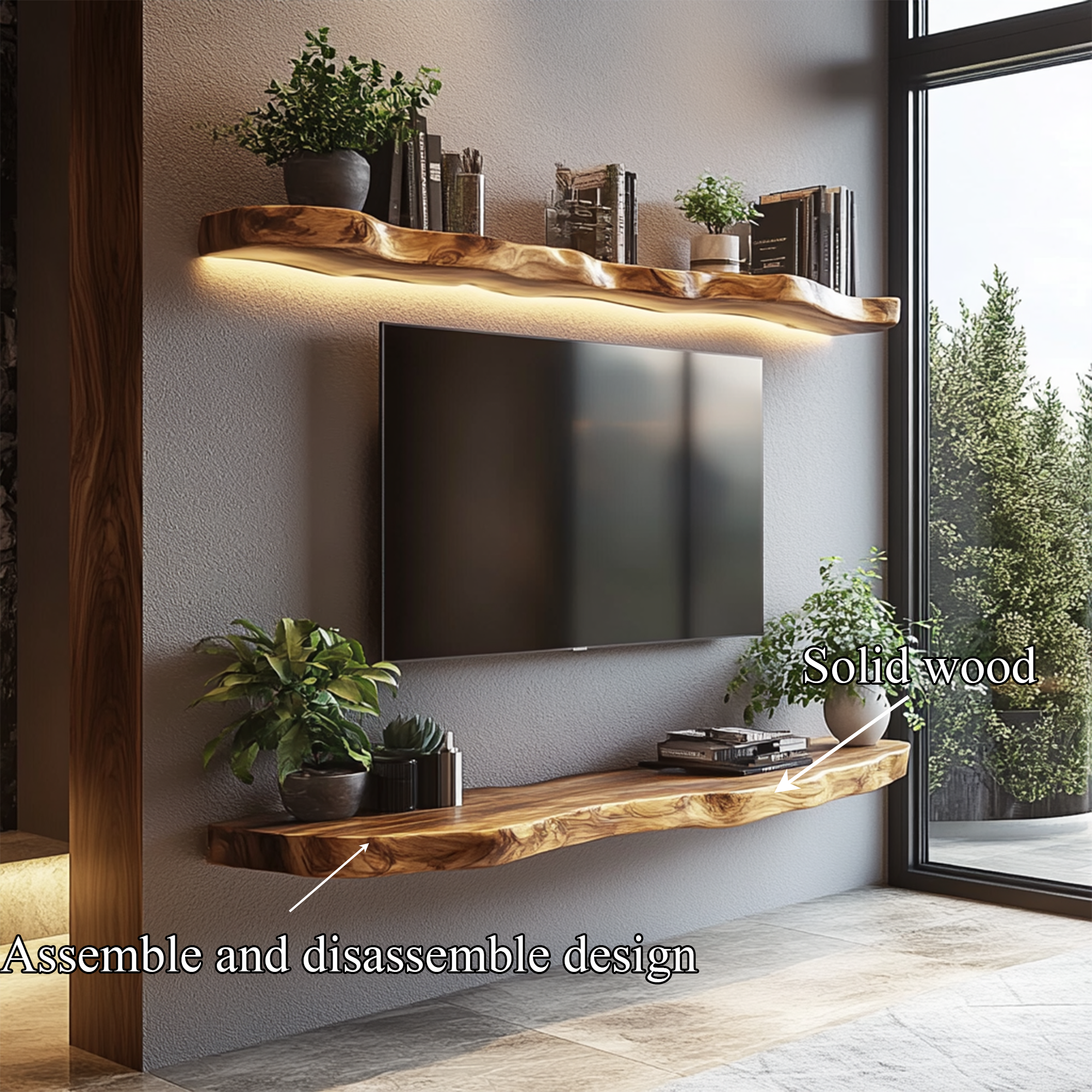 Rustic Handcrafted Live Edge Media TV Shelf Solid Wood Living Room Interior Statement Decor SINLKIFL410