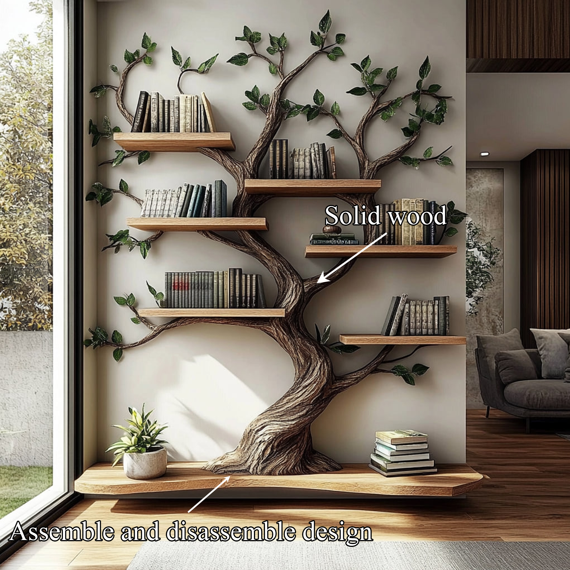 Rustic Tree Wall Bookshelf Modern Natural Living SINLKITB556