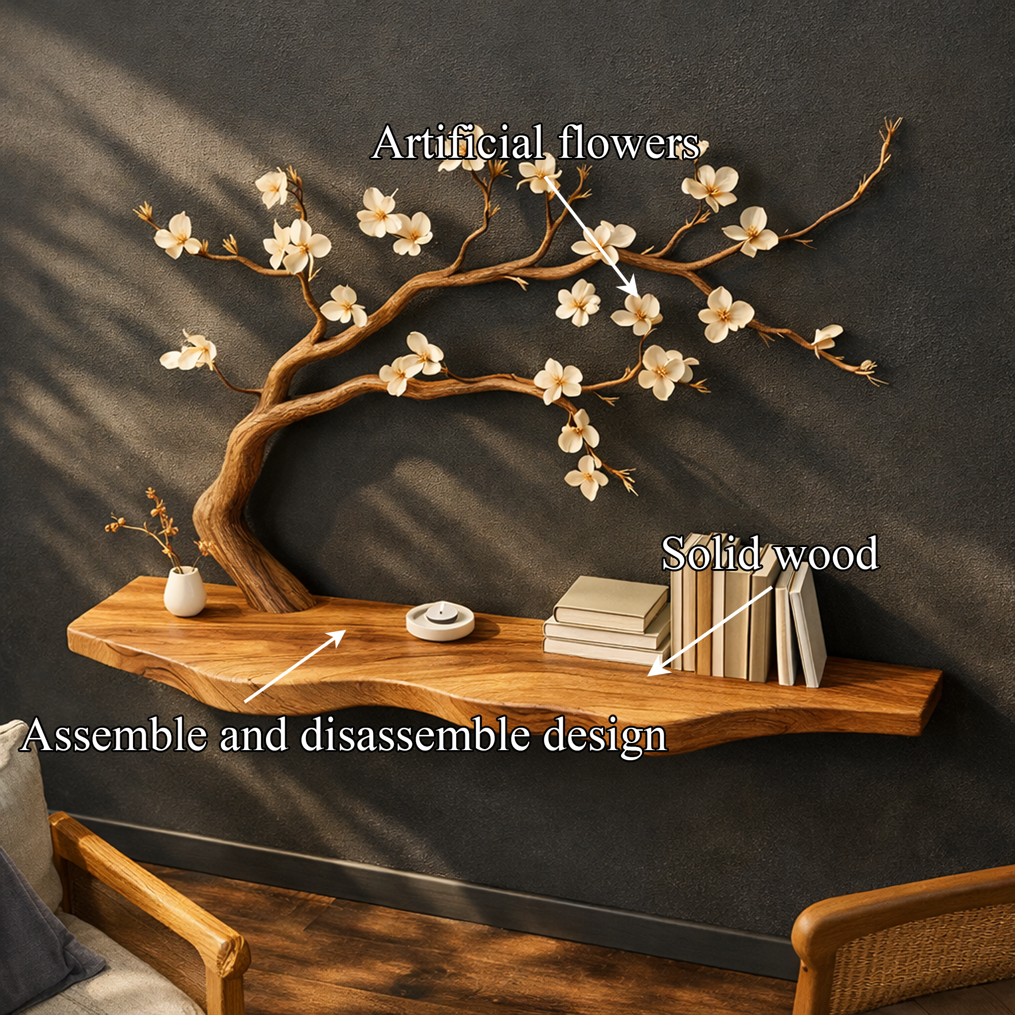 Rustic Tree Shelf Natural Wood Wall Decor For Spa Bathroom SINLKIFL258