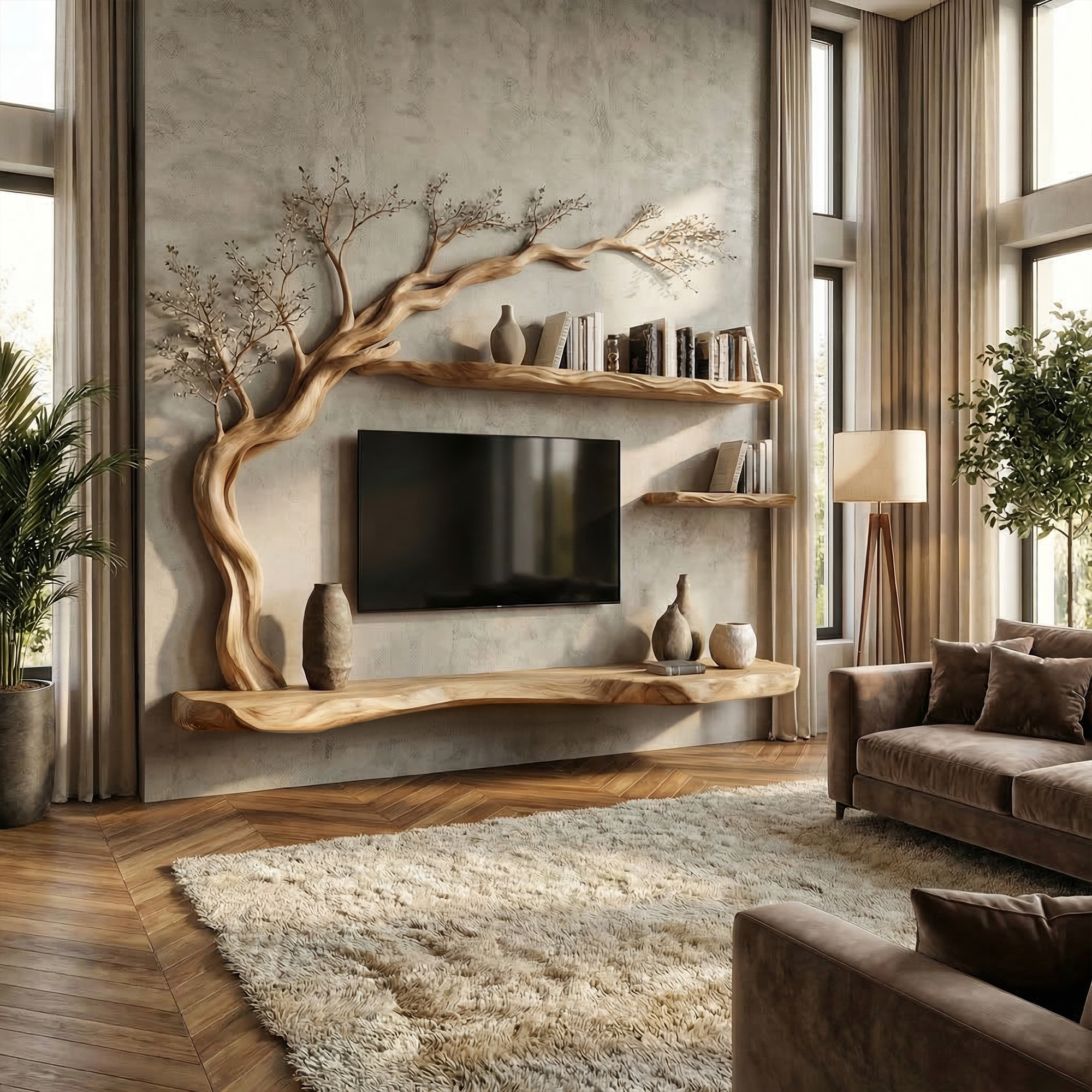 Rustic Tree TV Wall Shelf For Living Room And Lounge SINLKITS001