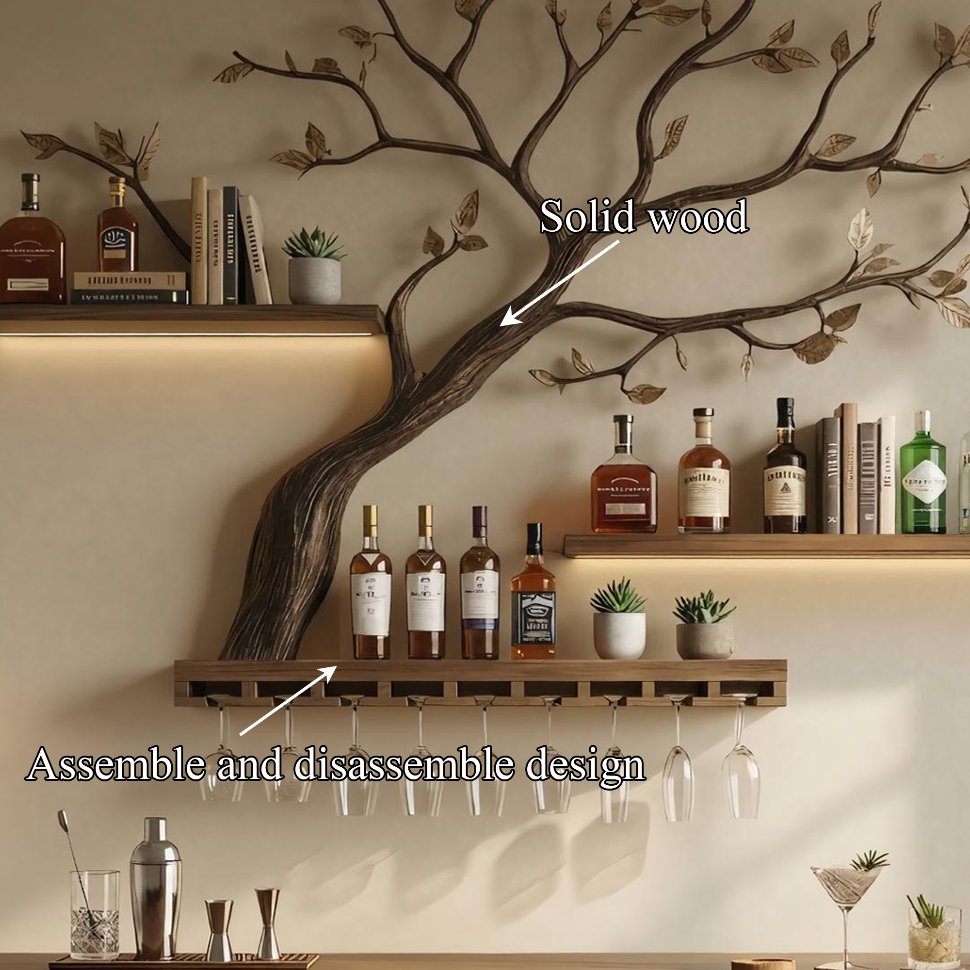 Organic Tree Branch Wine Rack Wooden Wall Shelf For Kitchen Dining Room Home Bar SINLKIWR009
