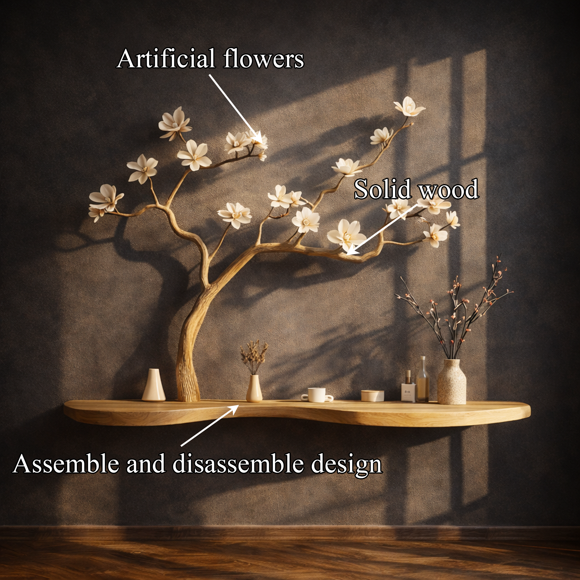Rustic Natural Wood Tree Bookshelf Artistic Wall Shelf For Bedroom SINLKIFL248