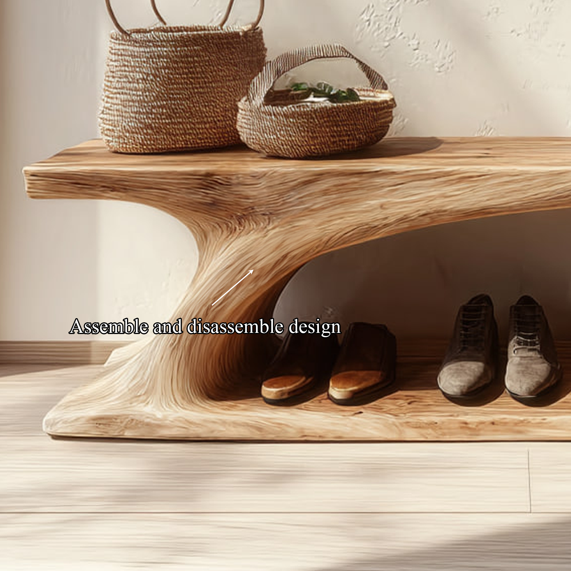 Rustic Organic Form Wooden Shoe Storage Bench Porch SINLKISB058