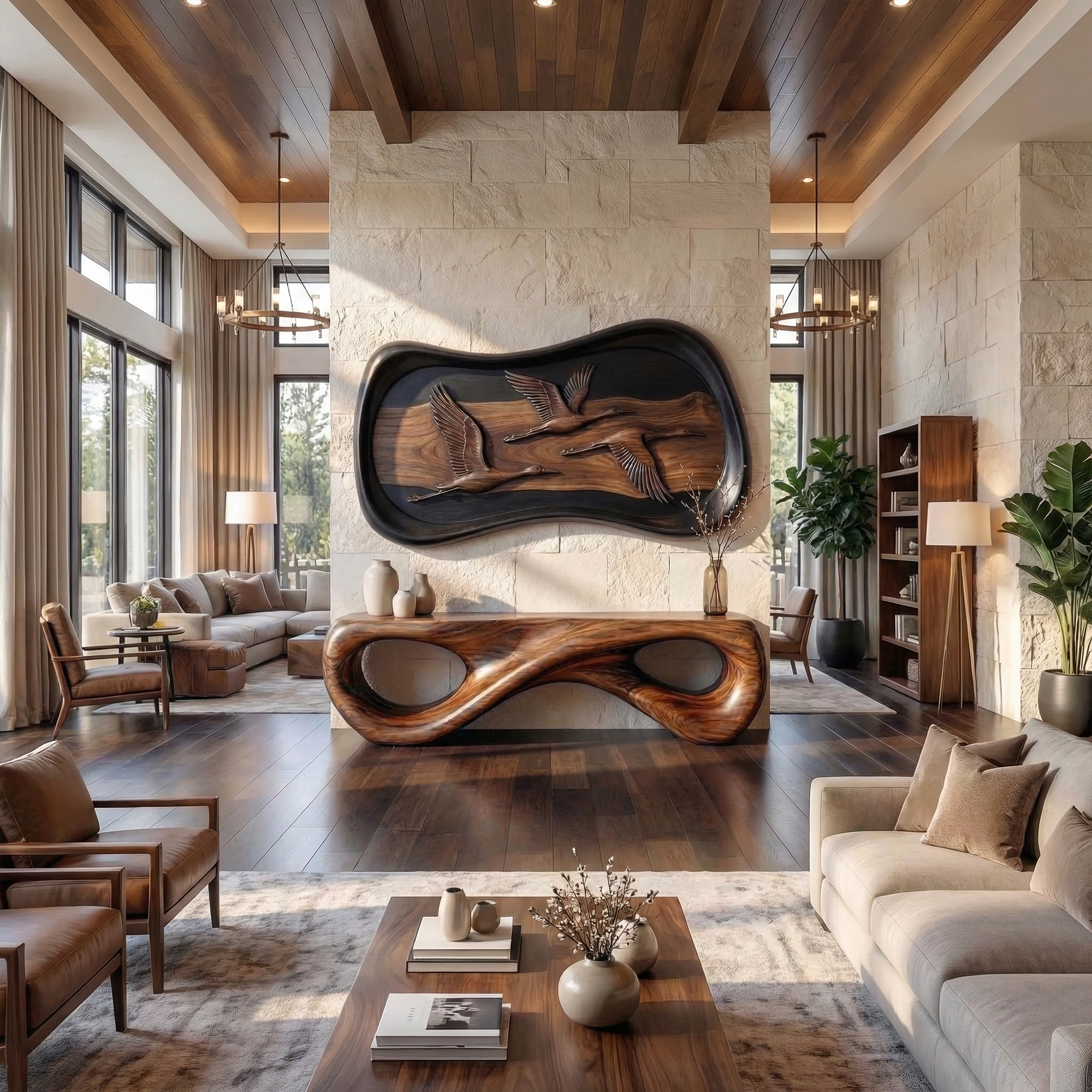 Modern Abstract Wood Sculpture Wall Art Living Room And Lounge SINLKIWD047
