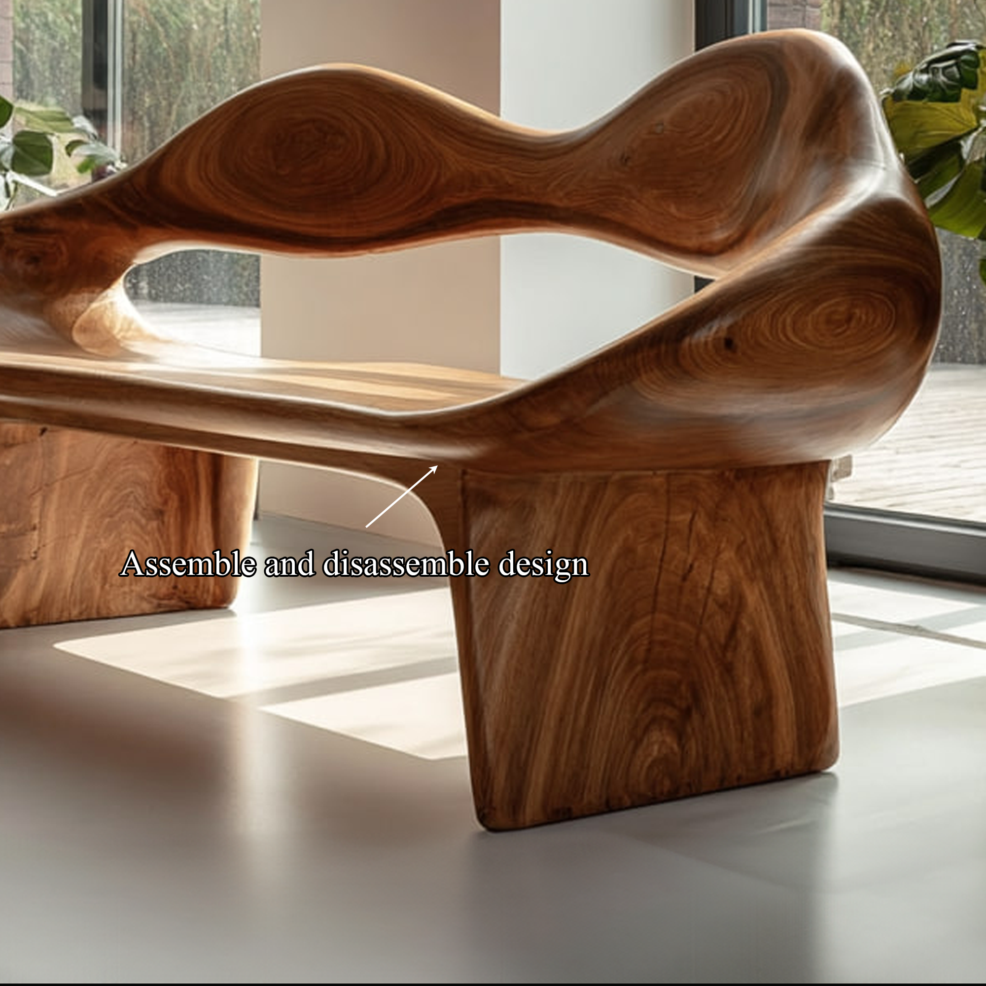 Mid Century Curved Bench Natural Finish Living Room SINLKIRS036