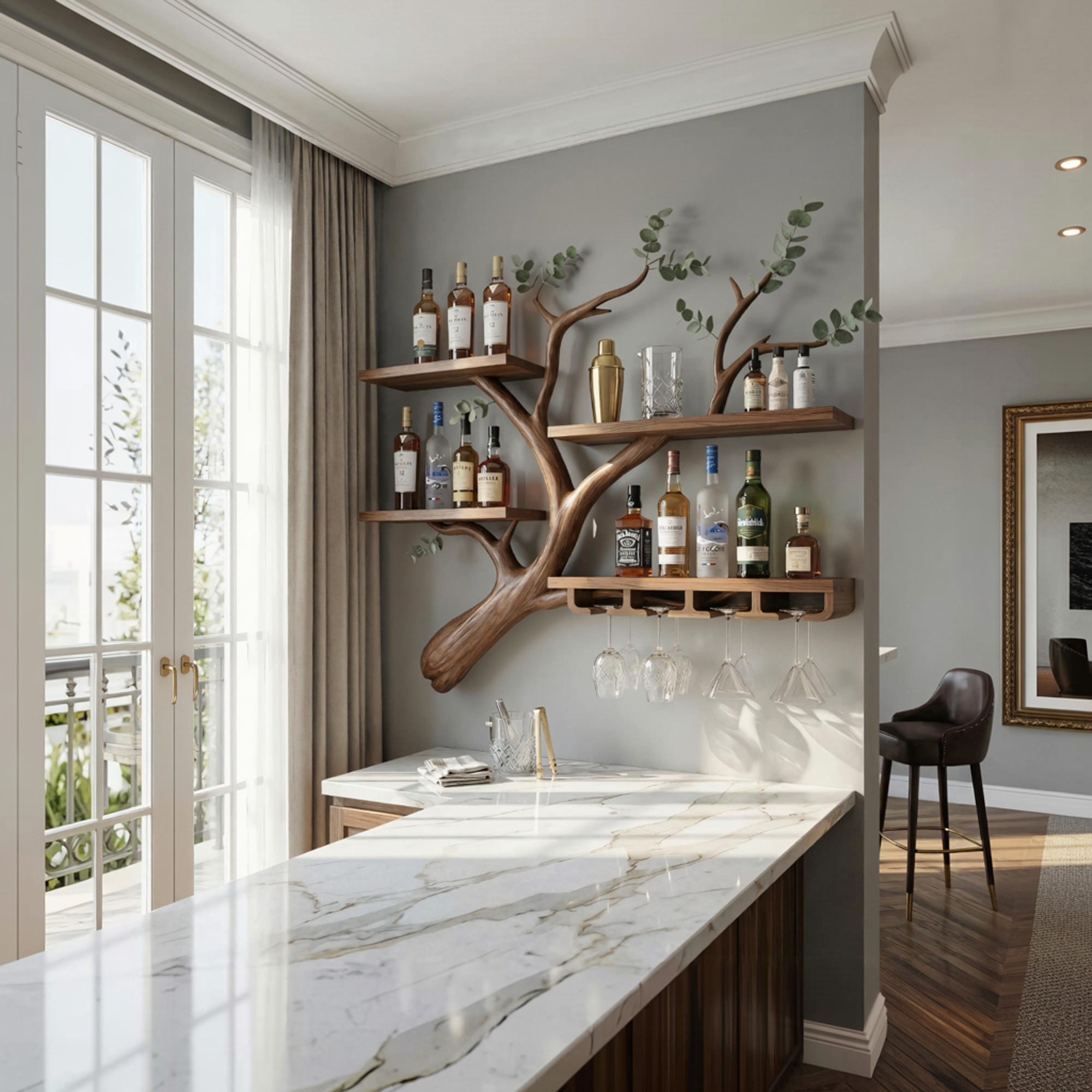 Rustic Tree Branch Wine Rack Wooden Wall Mounted Shelf For Kitchen Dining Room Home Bar SINLKIWR017