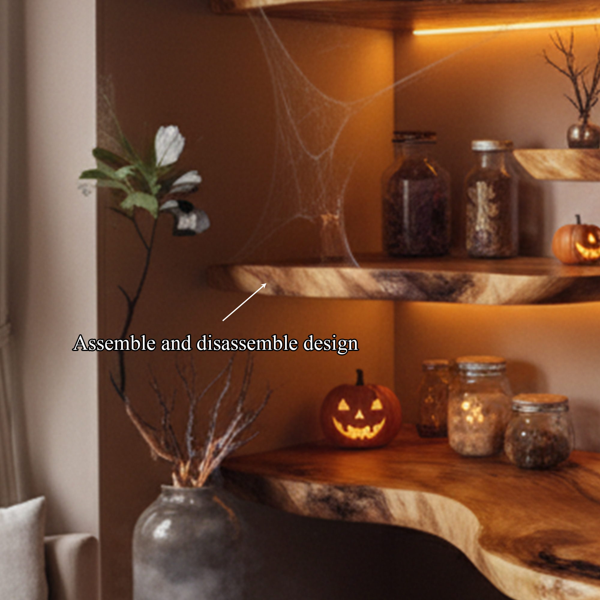 Mid Century Floating Wooden Shelves Halloween Style Living Room SINLKIHW034